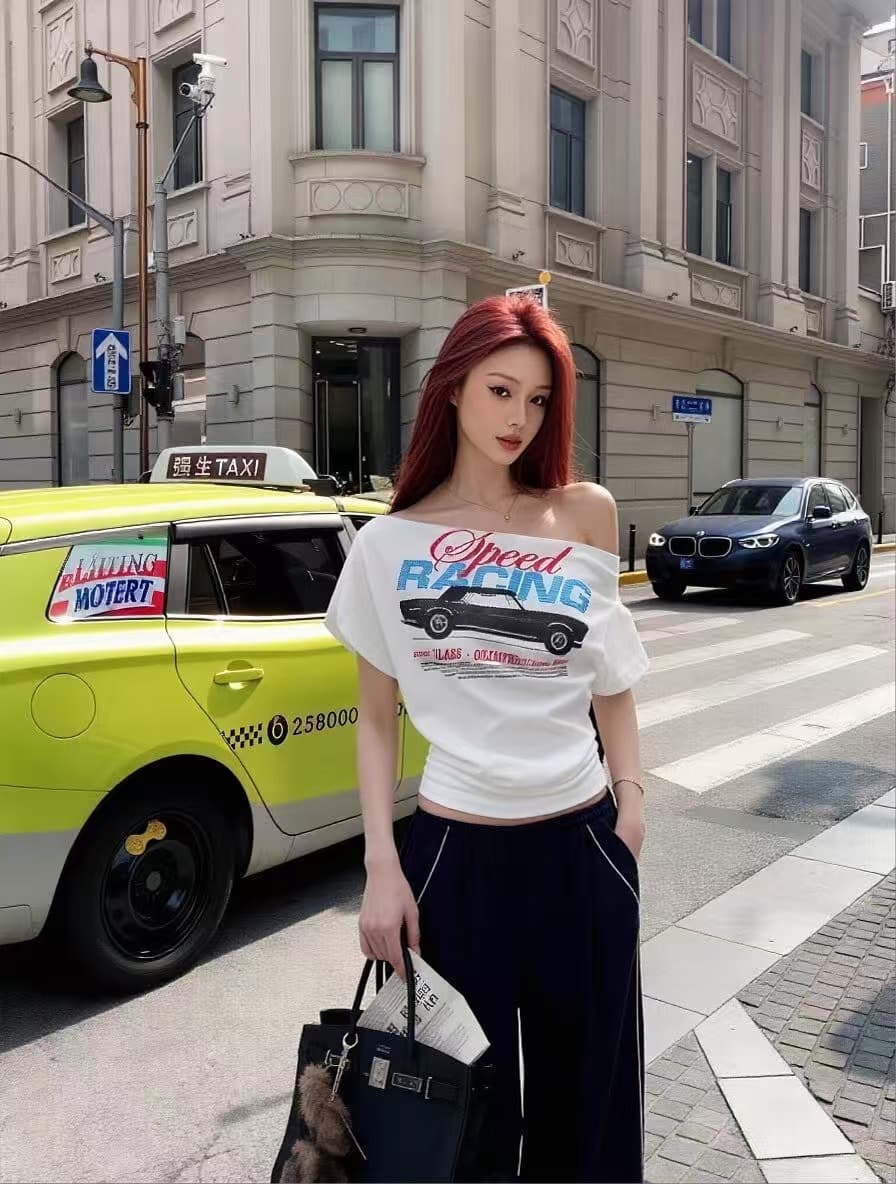 아메리칸 레트로 레이싱 프린트 ins 오프숄더 티셔츠 루즈핏 오프숄더 차가운 핫걸 2026 새로운 슬림해 보이는 한일 ootd 상세 이미지 3