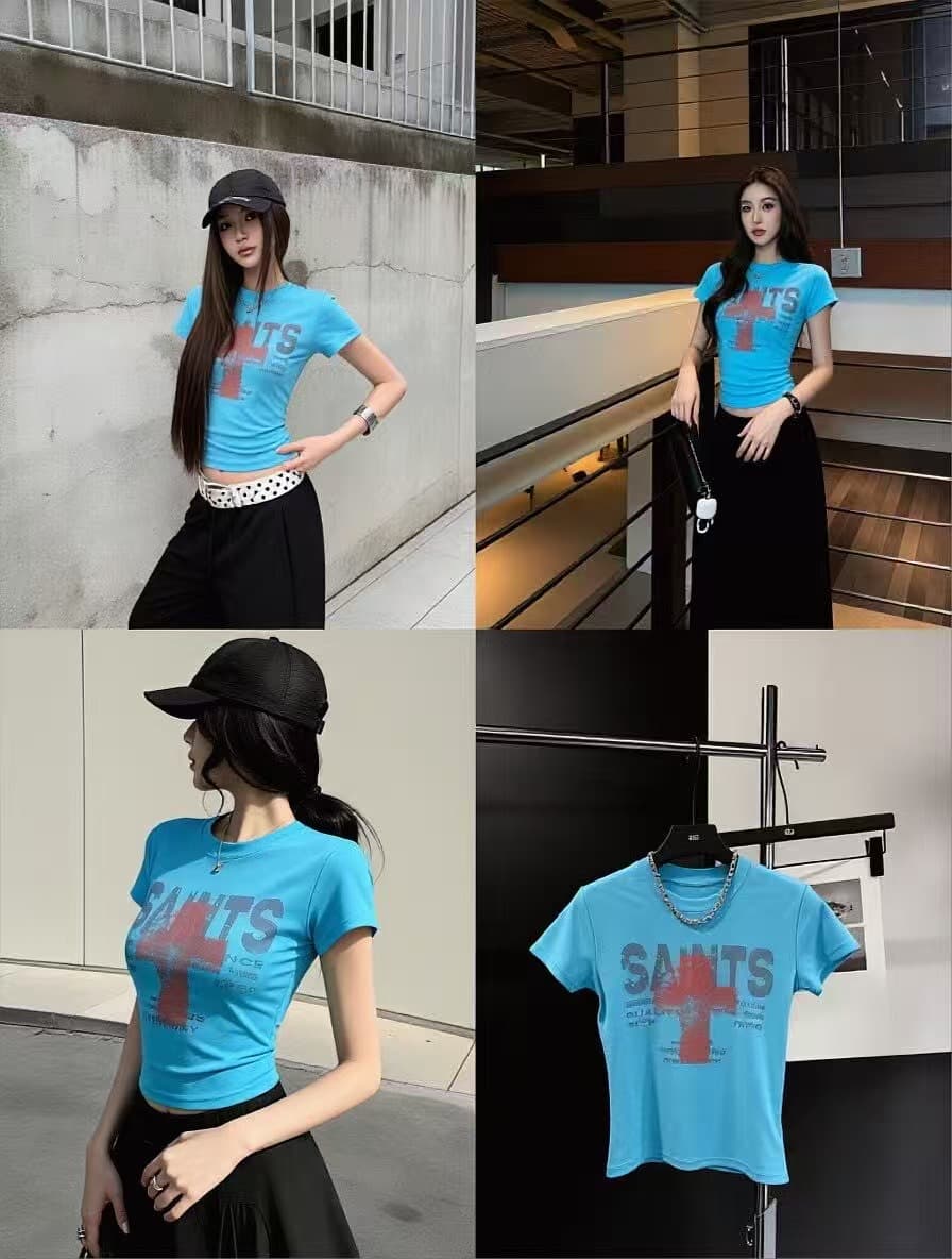 차가운 핫걸 십자가 다크 알파벳 순면 짧은 t2026 아모이 ins 트렌디 펑크 록 패션 튀김 거리 개성 상세 이미지 18
