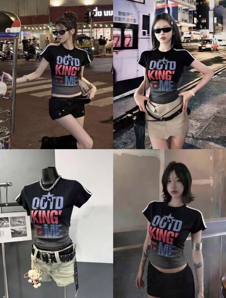 차가운 핫걸 그라데이션 알파벳 프린트 소녀 연령 감소 학생 2026 아모이 ins 트렌디 한일 ootd 다크 펑크 t 이미지 4