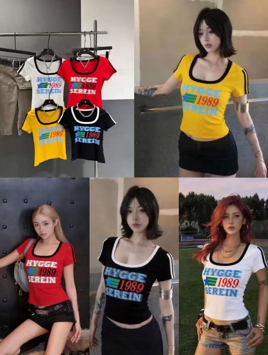 차가운 핫걸 프랑스식 대 u 칼라 배색 알파벳 쇼트 스타일 티셔츠 2026 아모이 ins 트렌디 한일 ootd 록 거리 f 상세 이미지 1
