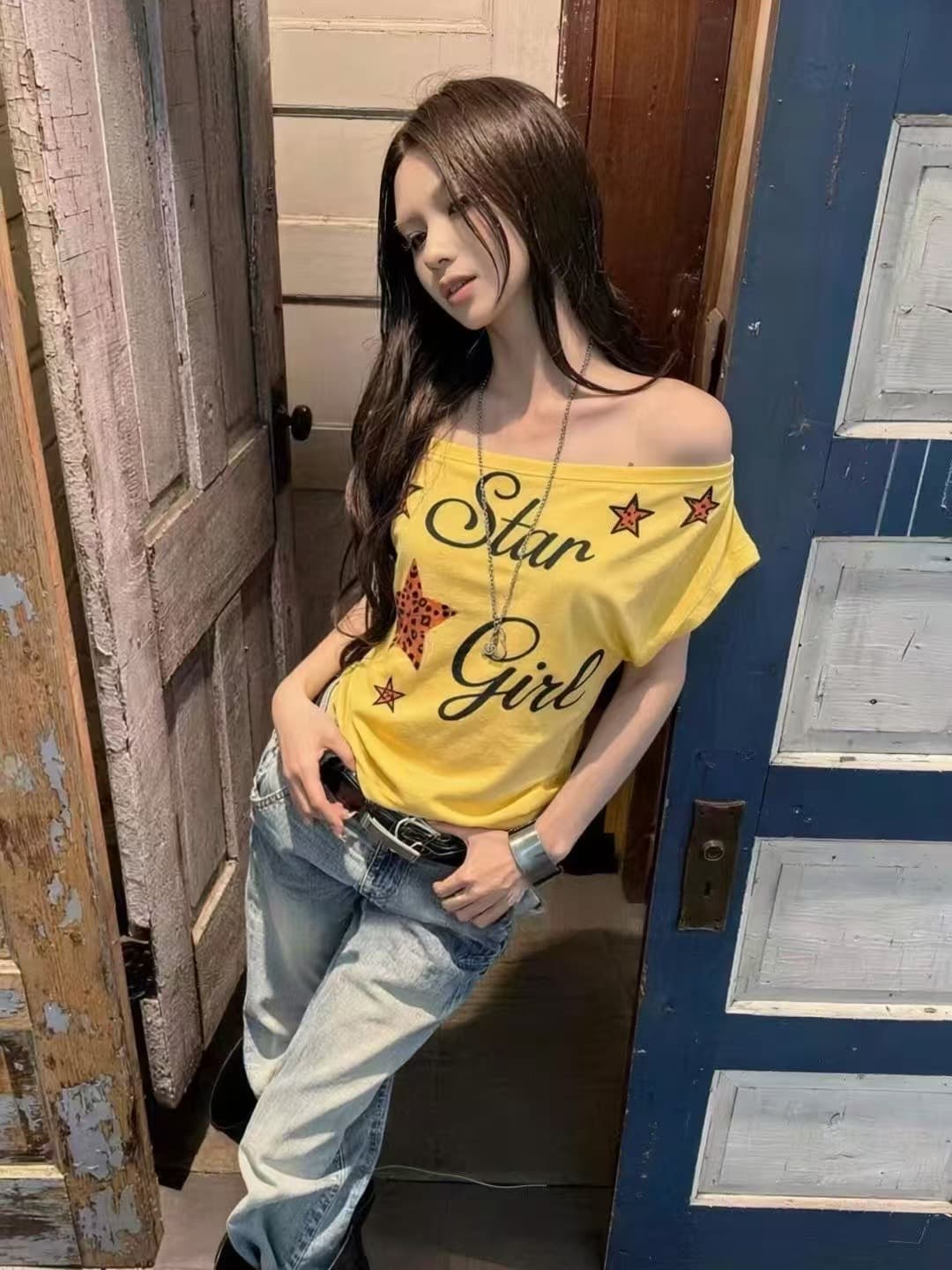 차가운 핫걸 보트넥 오프숄더 순면 티셔츠 2026 아모이 ins 트렌디 한일 ootd 소녀 연령 감소 패션 개성 상세 이미지 6