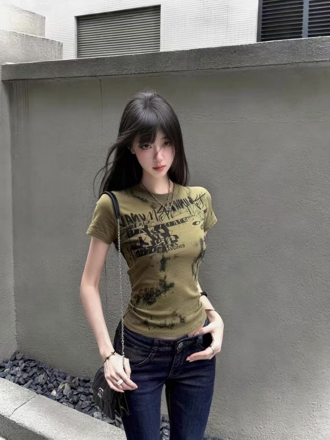 차가운 핫걸 패드 염색 순면 티셔츠 알파벳 2026 여름 가을 새로운 ins 트렌디 펑크 록 패션 개성 한일 ootd 이미지 3