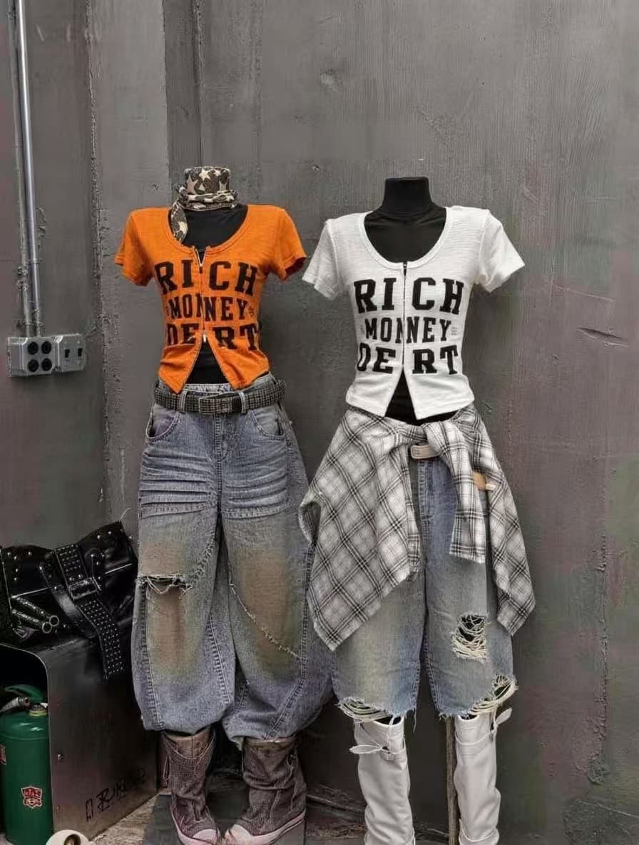 차가운 핫걸 더블 지퍼 알파벳 프린트 한일 ootd 아메리칸 거리 바람 2026 아모이 ins 트렌디 펑크 다크 k 이미지 5