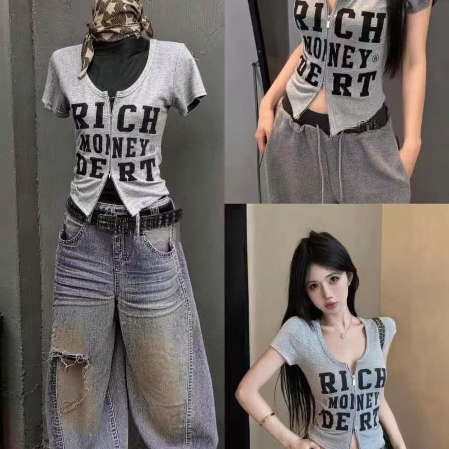 차가운 핫걸 더블 지퍼 알파벳 프린트 한일 ootd 아메리칸 거리 바람 2026 아모이 ins 트렌디 펑크 다크 k 이미지 6