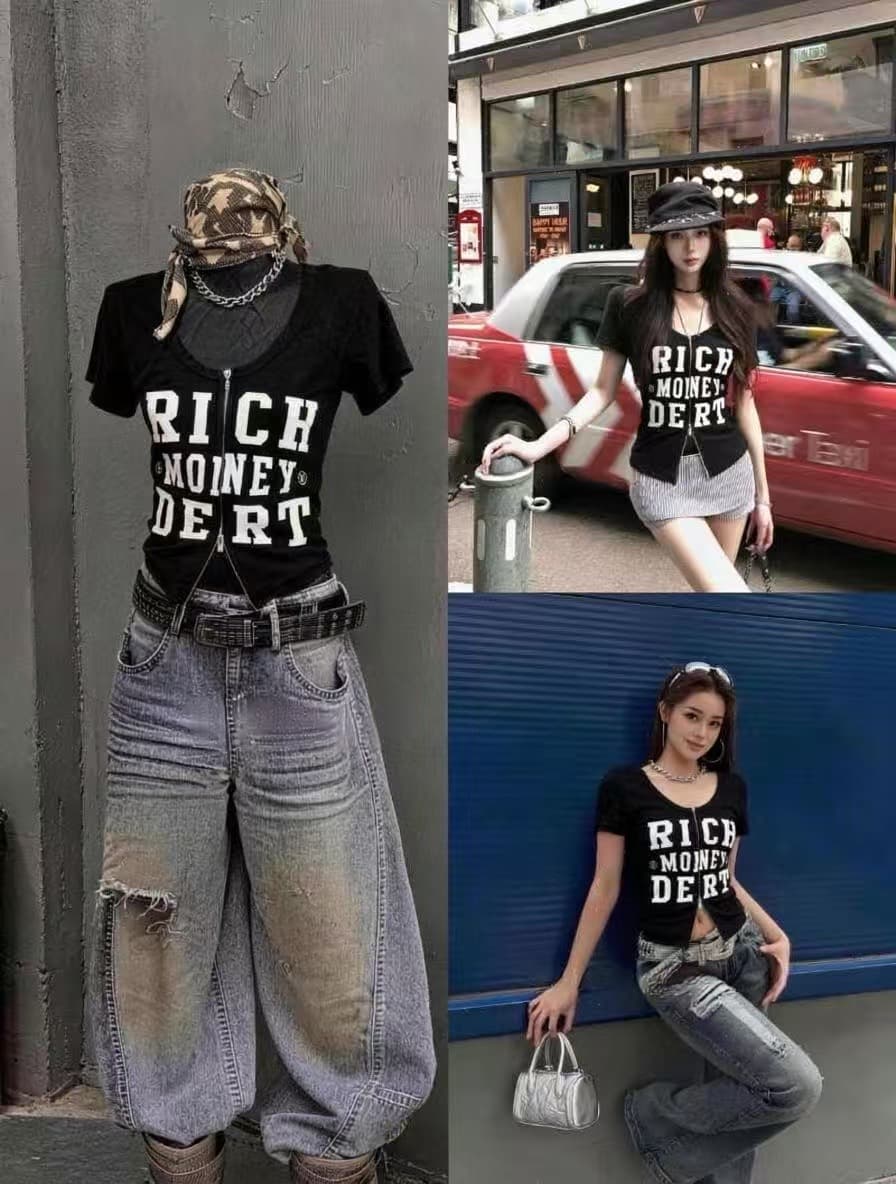 차가운 핫걸 더블 지퍼 알파벳 프린트 한일 ootd 아메리칸 거리 바람 2026 아모이 ins 트렌디 펑크 다크 k 상세 이미지 2