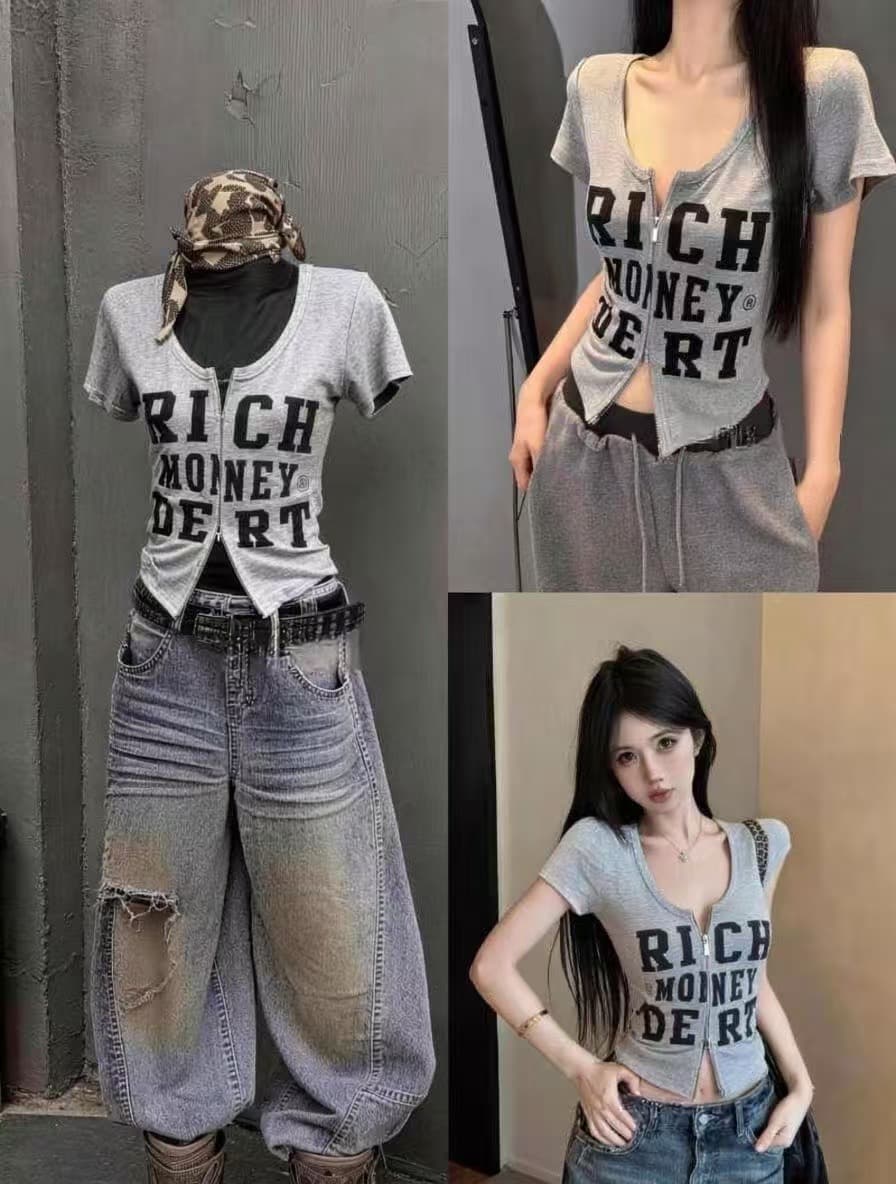 차가운 핫걸 더블 지퍼 알파벳 프린트 한일 ootd 아메리칸 거리 바람 2026 아모이 ins 트렌디 펑크 다크 k 상세 이미지 4