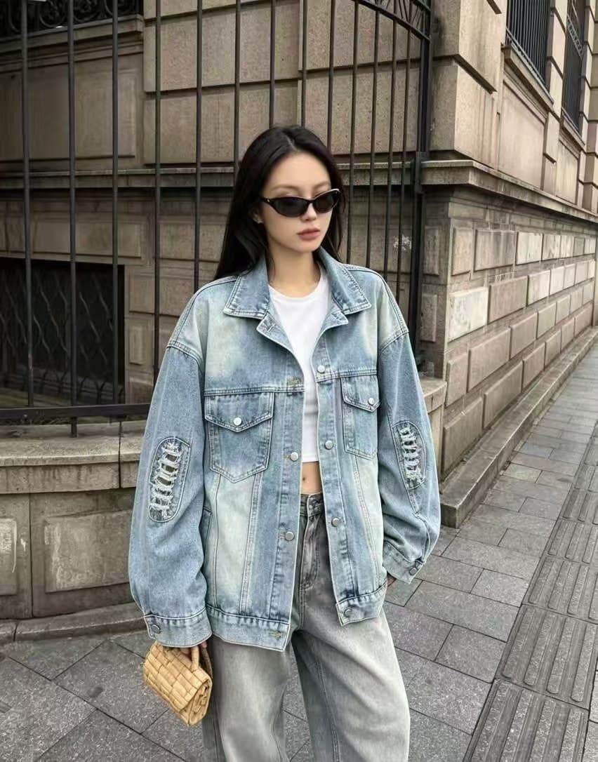 차가운 핫걸 데님 워시 물 길다 재킷 2026 가을 겨울 새로운 ins 트렌디 패션 한일 ootd 아메리칸 거리 찢어진 부분 k 이미지 3