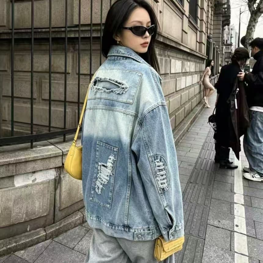 차가운 핫걸 데님 워시 물 길다 재킷 2026 가을 겨울 새로운 ins 트렌디 패션 한일 ootd 아메리칸 거리 찢어진 부분 k 이미지 5