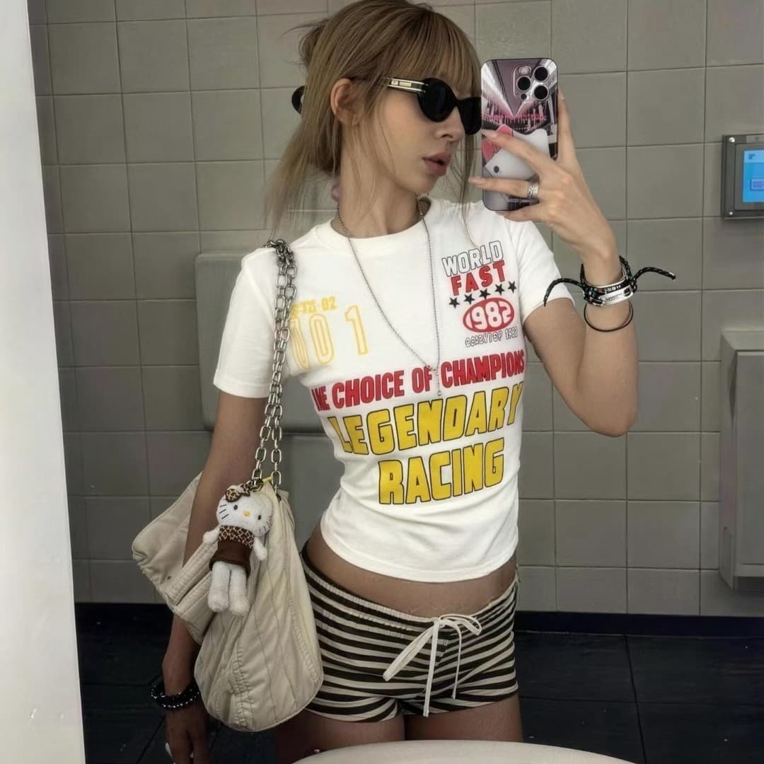 차가운 핫걸 2026 아모이 오토바이 여성 순면 티셔츠 프린트 알파벳 ins 트렌디 한일 ootd 펑크 록 다크 이미지 5