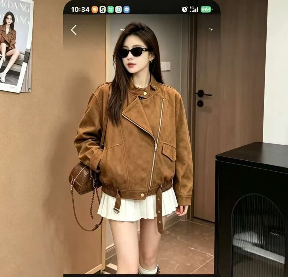 차가운 핫걸 비스듬한 지퍼 사슴 가죽 재킷 2026 가을 겨울 새로운 ins 트렌디 한일 ootd 패션 다용도 출퇴근 천년기 f 이미지 2