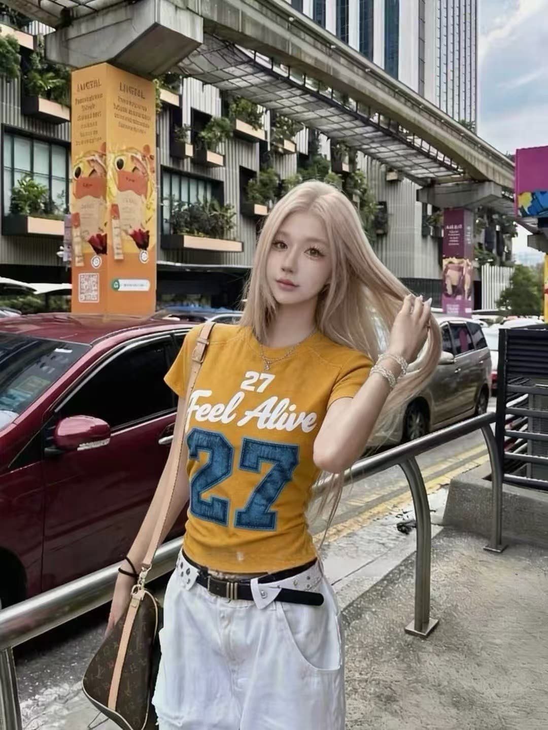 차가운 핫걸 워시 물 데님 마 오래된 프린트 숫자 2026 아모이 ins 트렌디 록 다크 펑크 쇼트 스타일 티셔츠 바람의 소리 이미지 3