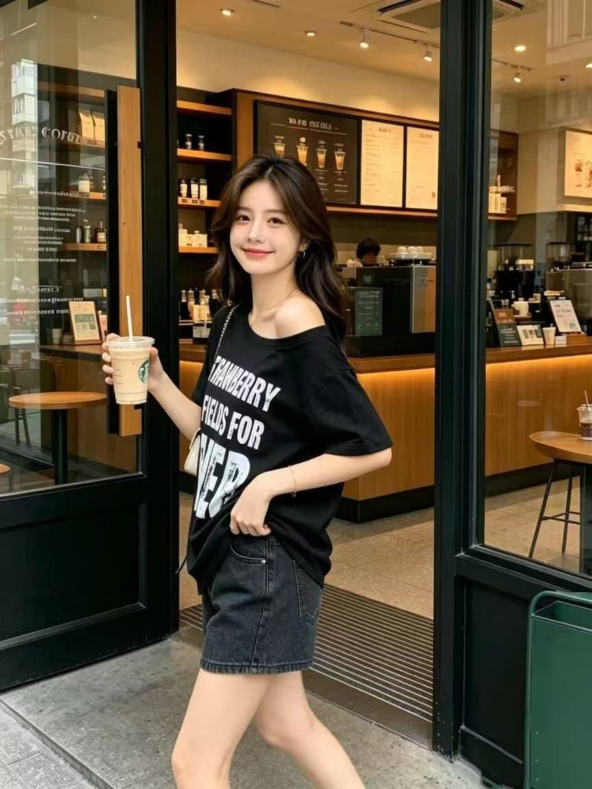 차가운 핫걸 보트넥 오프숄더 프린트 2026 아모이 ins 트렌디 한일 ootd 중간 길이 티셔츠 패션 연령 감소 바람의 소리 상세 이미지 4