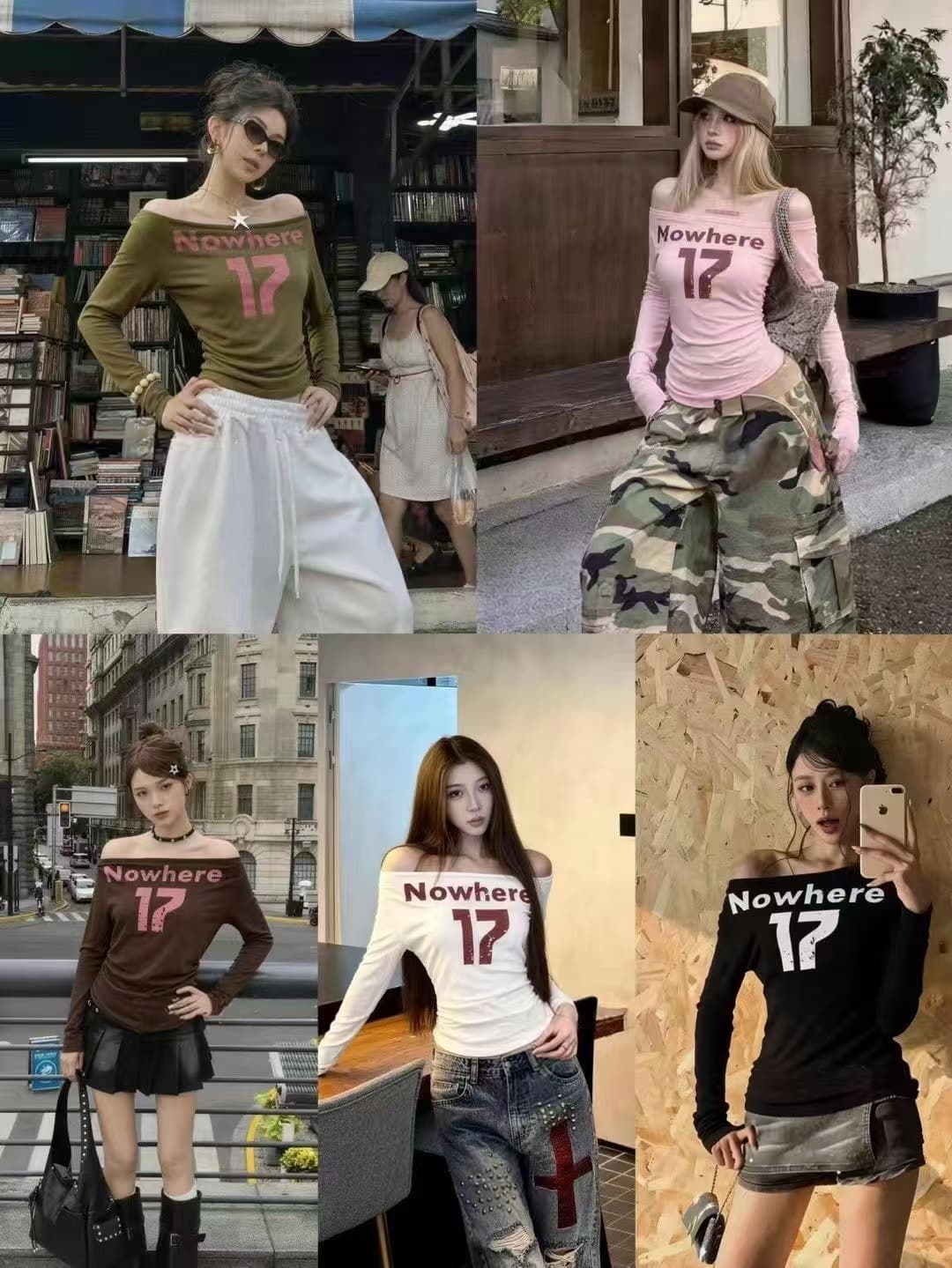 차가운 핫걸 보트넥 오프숄더 17 번호 알파벳 프린트 허리 순면 티셔츠 2026 가을 겨울 새로운 ins 트렌디 패션 바람의 소리 상세 이미지 3