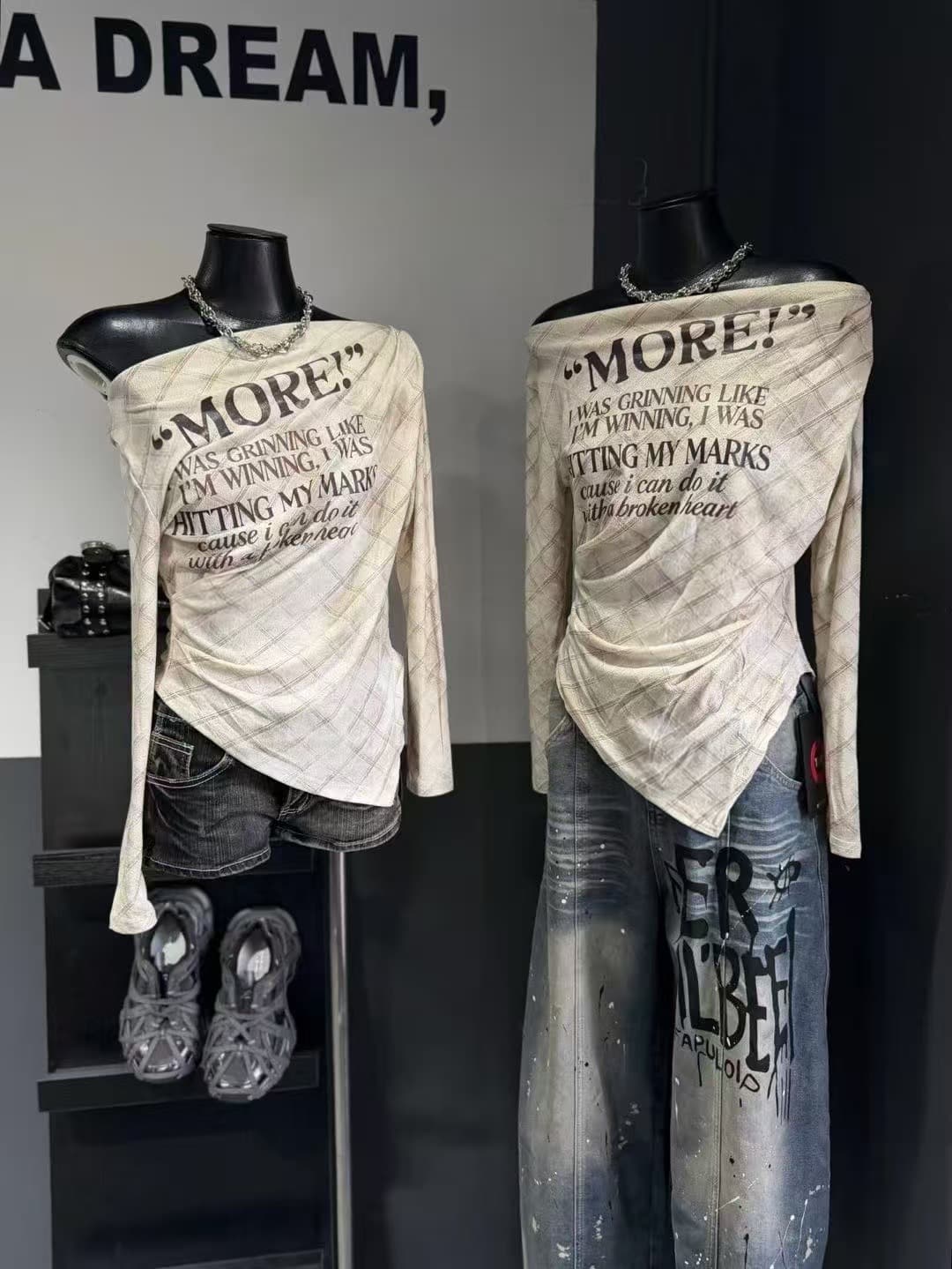 차가운 핫걸 보트넥 오프숄더 체크무늬 불규칙 주름 장식 2026 가을 새로운 ins 트렌디 한일 ootd 아메리칸 레트로 t 상세 이미지 13