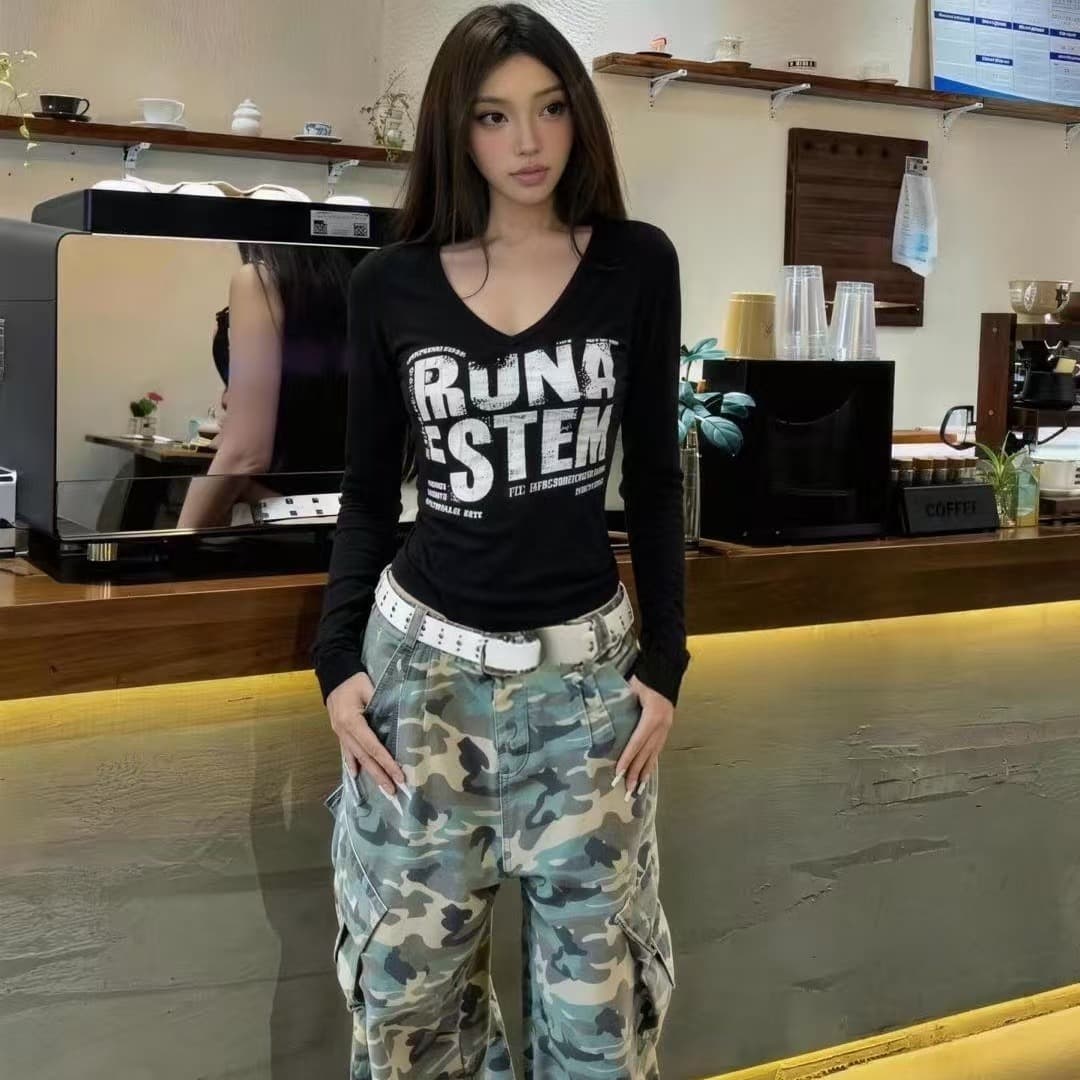 차가운 핫걸 V넥 어깨 패드 몸매 가꾸기 슬림해 보이는 2026 가을 새로운 ins 트렌디 한일 ootd 아메리칸 거리 개성 긴팔 tx 이미지 5