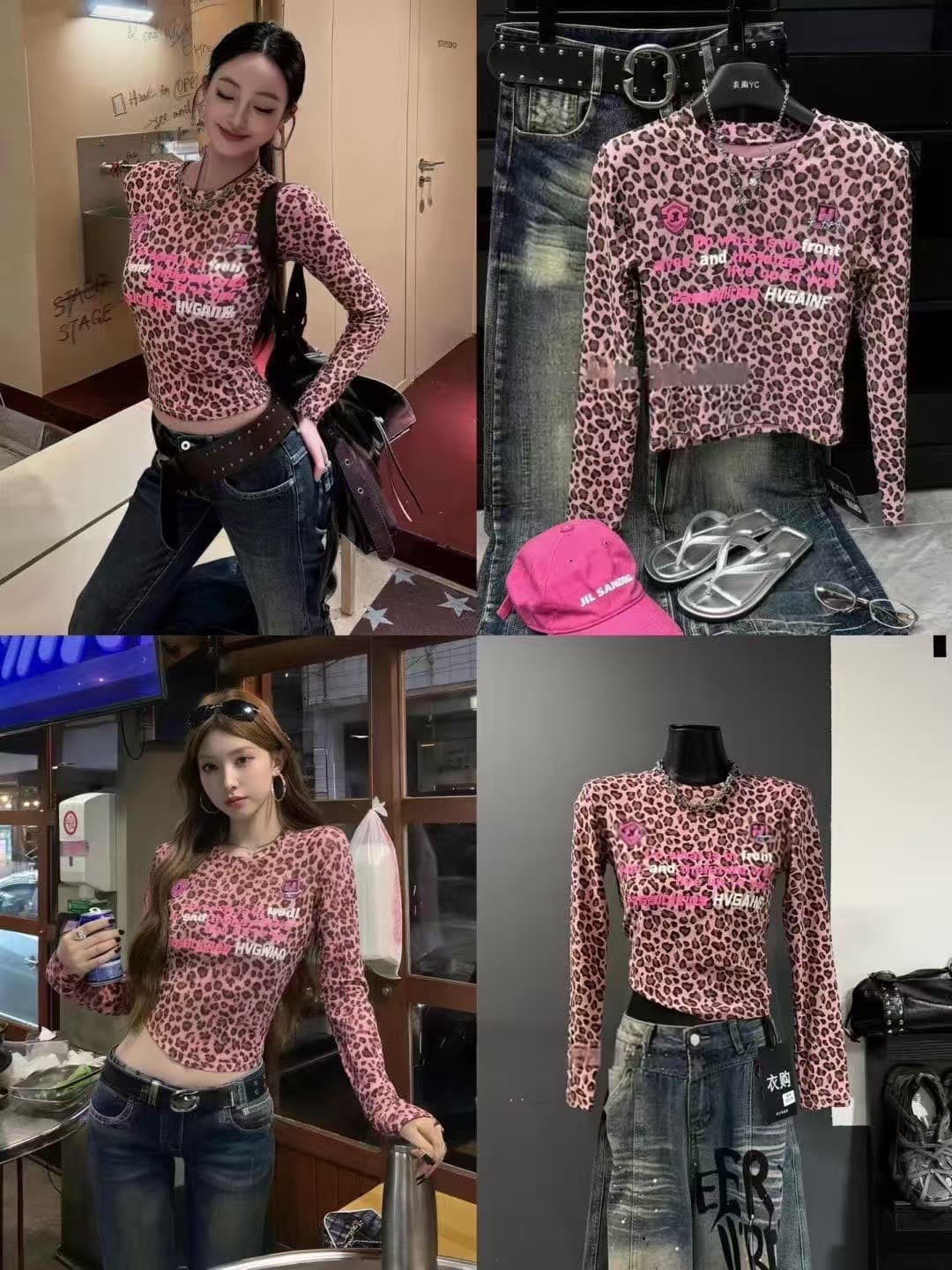 차가운 핫걸 레오파드 무늬 알파벳 긴팔 티셔츠 2026 가을 겨울 새로운 ins 트렌디 패션 아메리칸 거리 개성 록 어깨 패드 상세 이미지 2