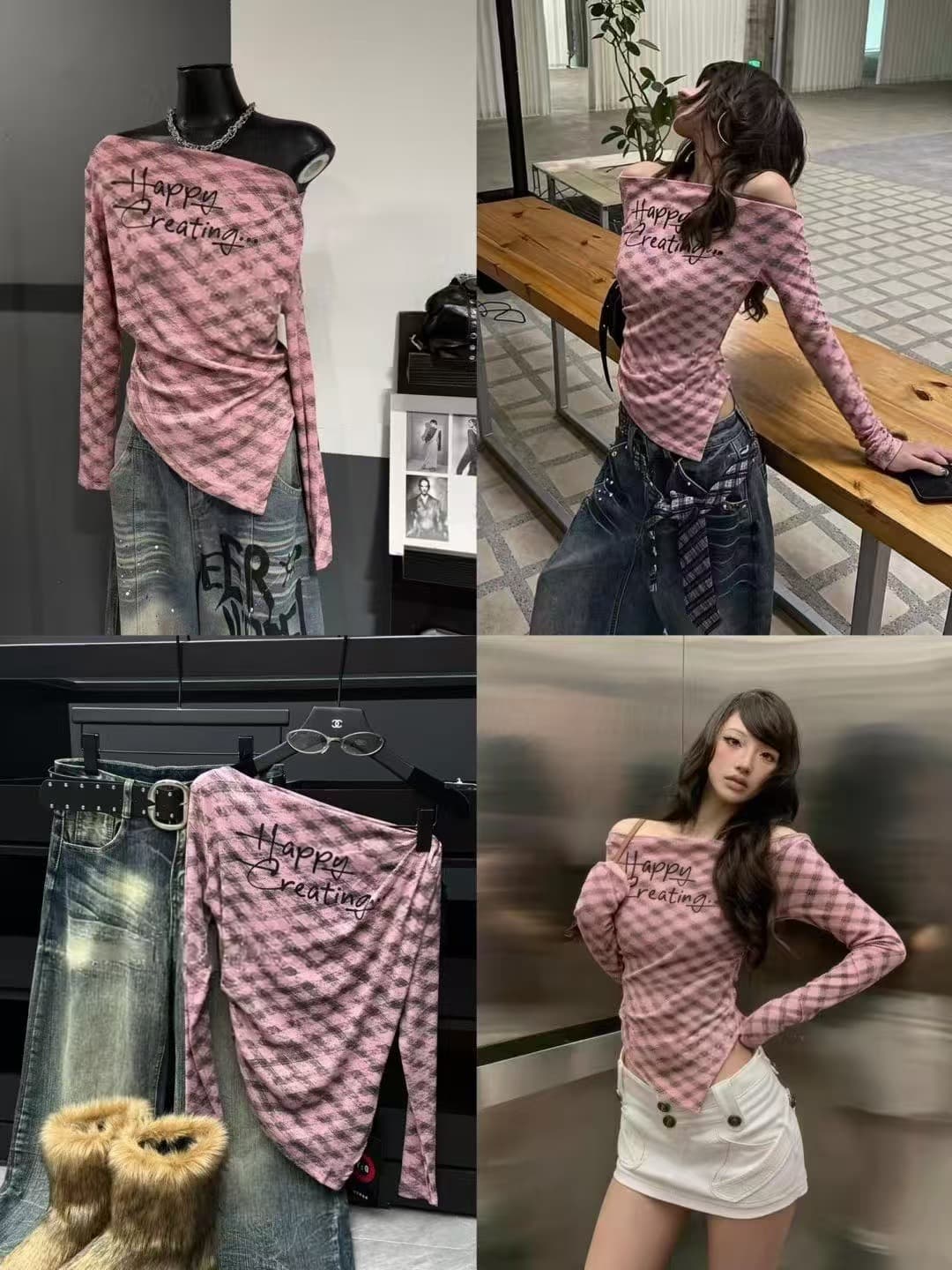 차가운 핫걸 한 단어 비스듬한 칼라 불규칙 오프숄더 허리 수축 체크무늬 프린트 부드러운 찹쌀 2026 가을 겨울 새로운 ins 트렌디 패션 t 상세 이미지 1