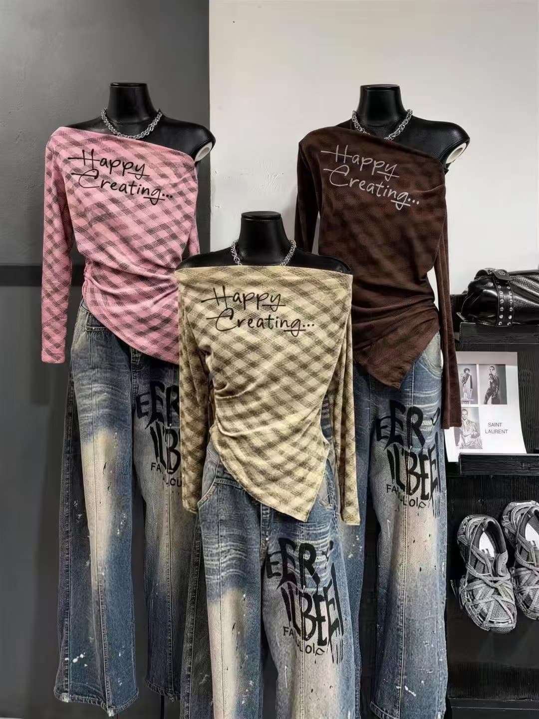 차가운 핫걸 한 단어 비스듬한 칼라 불규칙 오프숄더 허리 수축 체크무늬 프린트 부드러운 찹쌀 2026 가을 겨울 새로운 ins 트렌디 패션 t 상세 이미지 5
