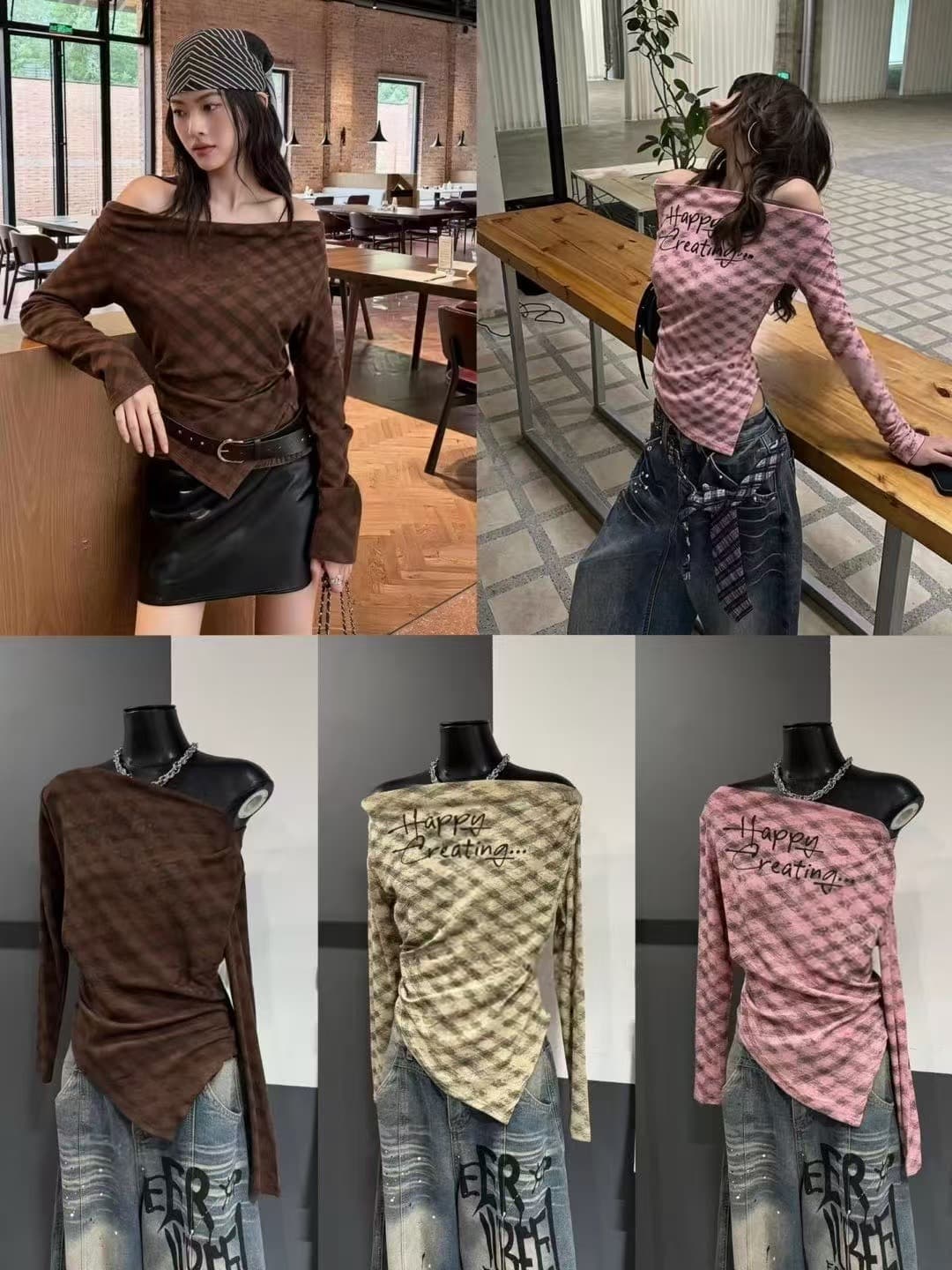 차가운 핫걸 한 단어 비스듬한 칼라 불규칙 오프숄더 허리 수축 체크무늬 프린트 부드러운 찹쌀 2026 가을 겨울 새로운 ins 트렌디 패션 t 상세 이미지 6