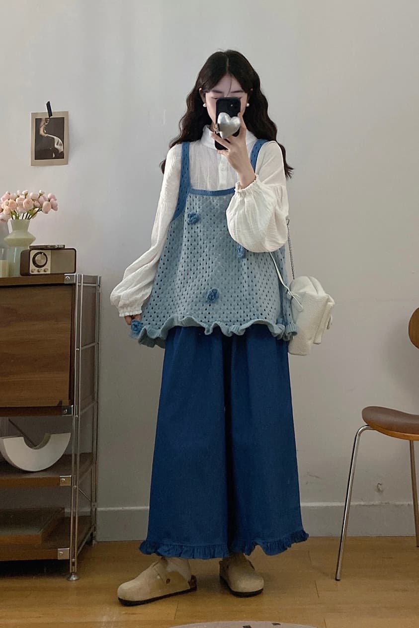 실사 빅 사이즈 세트 2026 가을 레트로 꽃 니트 조끼 긴팔 셔츠 와이드 레그 팬츠 3종 세트 이미지 6