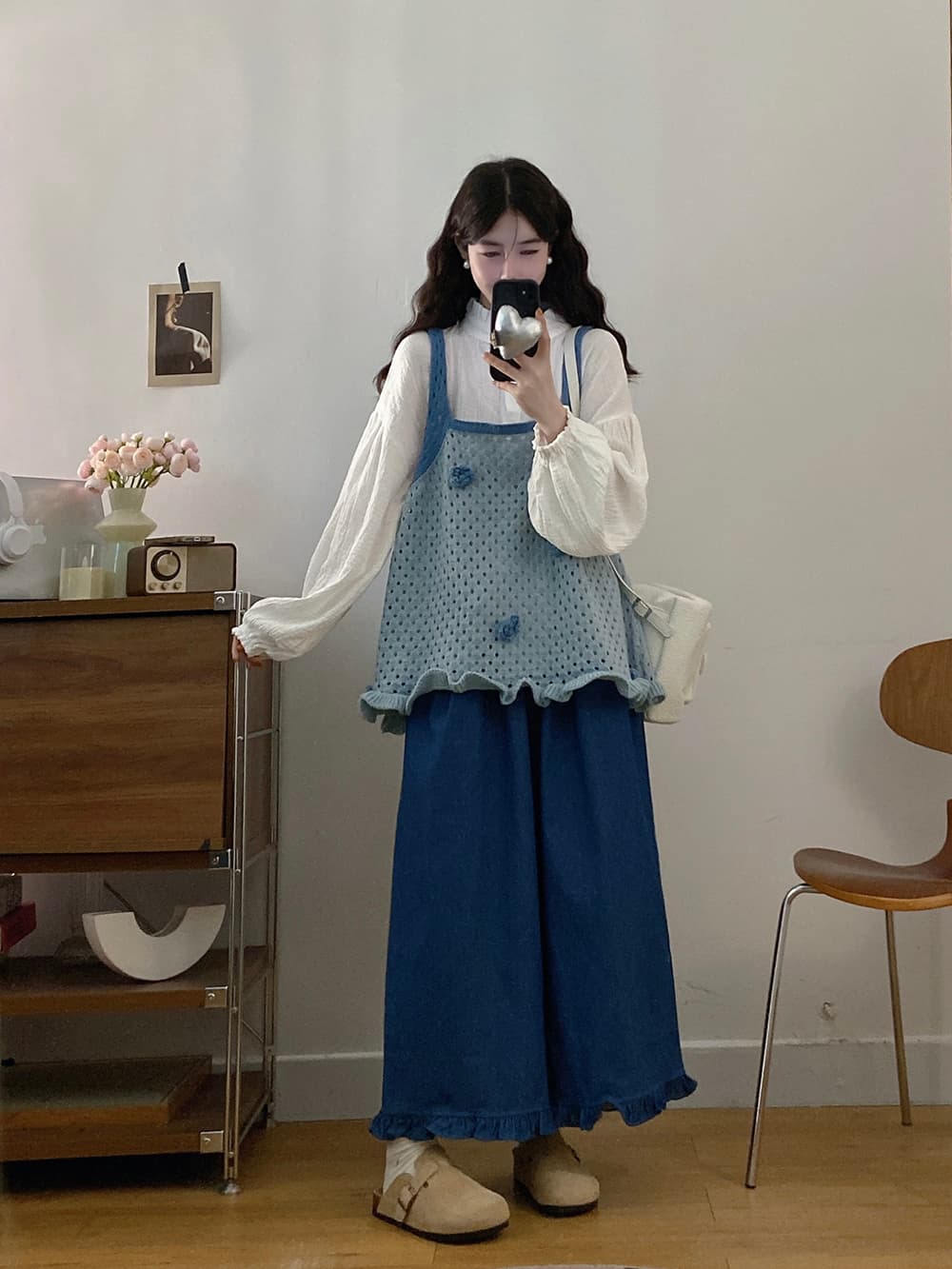 실사 빅 사이즈 세트 2026 가을 레트로 꽃 니트 조끼 긴팔 셔츠 와이드 레그 팬츠 3종 세트 상세 이미지 6