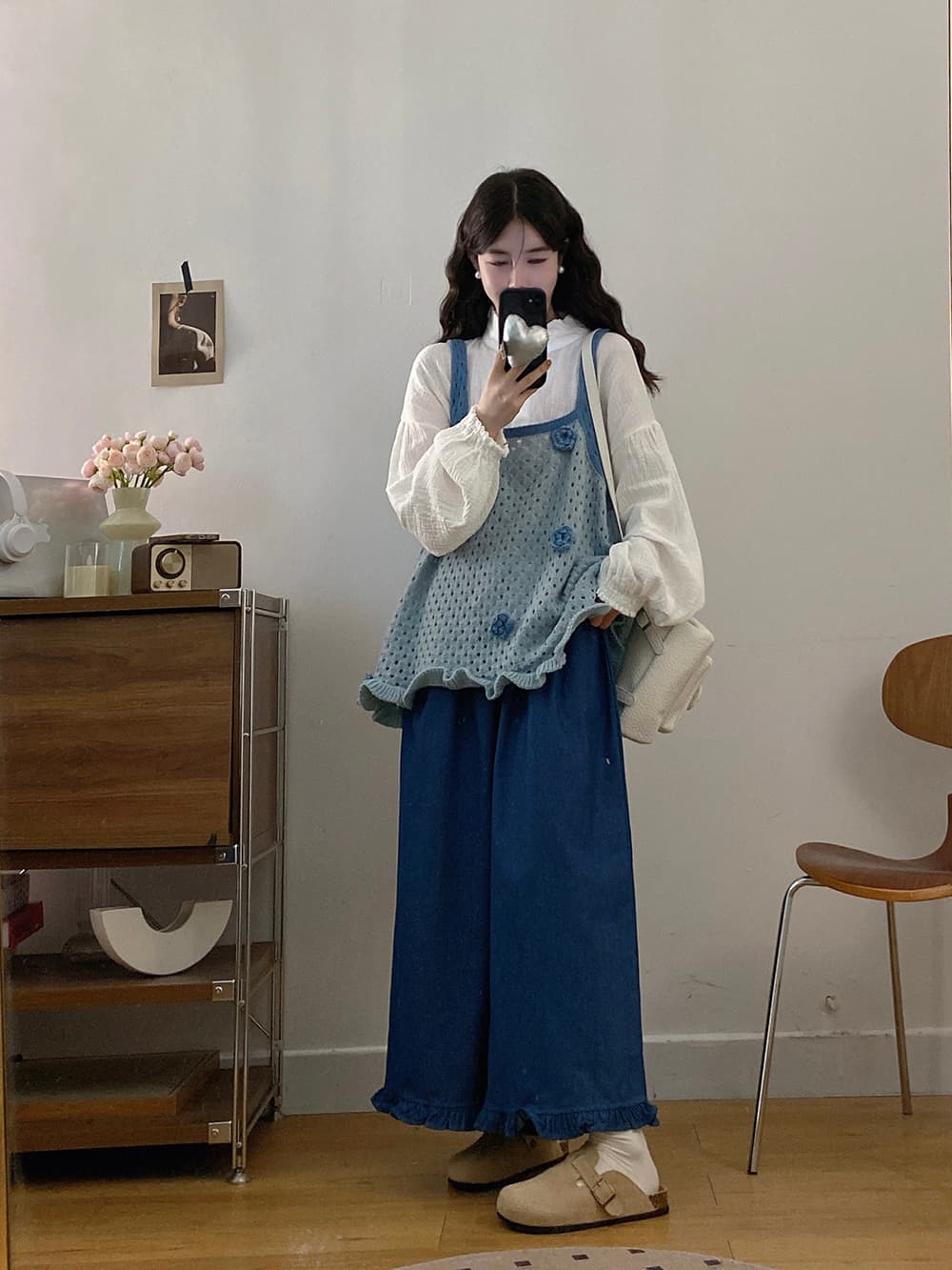실사 빅 사이즈 세트 2026 가을 레트로 꽃 니트 조끼 긴팔 셔츠 와이드 레그 팬츠 3종 세트 상세 이미지 8