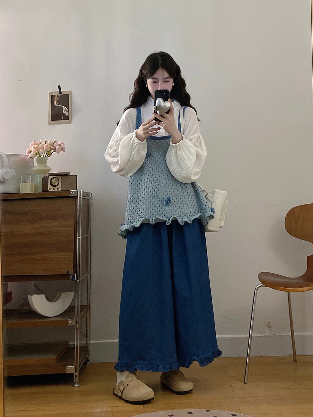 실사 빅 사이즈 세트 2026 가을 레트로 꽃 니트 조끼 긴팔 셔츠 와이드 레그 팬츠 3종 세트 상세 이미지 12