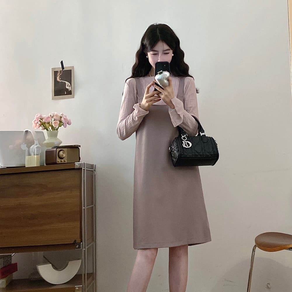 실사 빅 사이즈 이른 가을 새로운 품격 긴팔 기본 셔츠 보라색 가죽 슬립 드레스 지방 mm 슬림해 보이는 투피스 세트 이미지 5