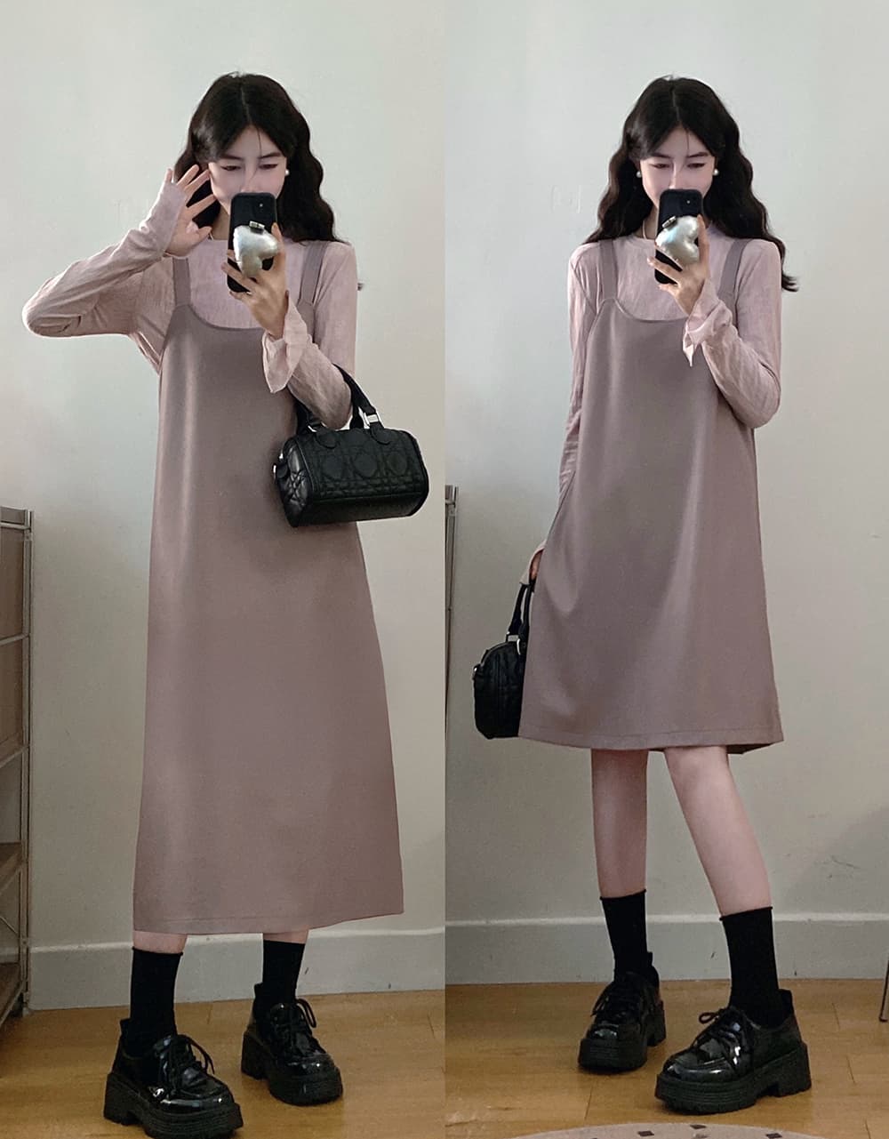 실사 빅 사이즈 이른 가을 새로운 품격 긴팔 기본 셔츠 보라색 가죽 슬립 드레스 지방 mm 슬림해 보이는 투피스 세트 상세 이미지 1