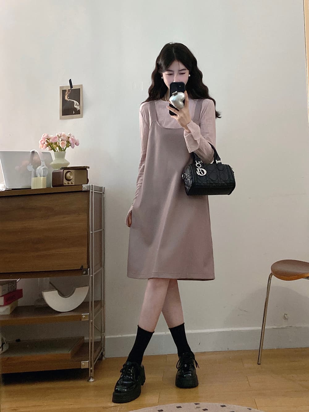 실사 빅 사이즈 이른 가을 새로운 품격 긴팔 기본 셔츠 보라색 가죽 슬립 드레스 지방 mm 슬림해 보이는 투피스 세트 상세 이미지 6