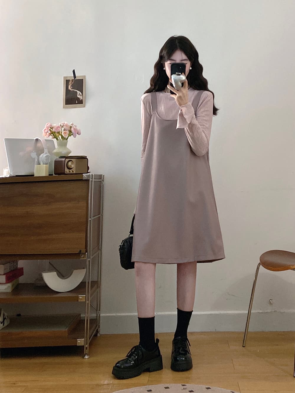 실사 빅 사이즈 이른 가을 새로운 품격 긴팔 기본 셔츠 보라색 가죽 슬립 드레스 지방 mm 슬림해 보이는 투피스 세트 상세 이미지 7