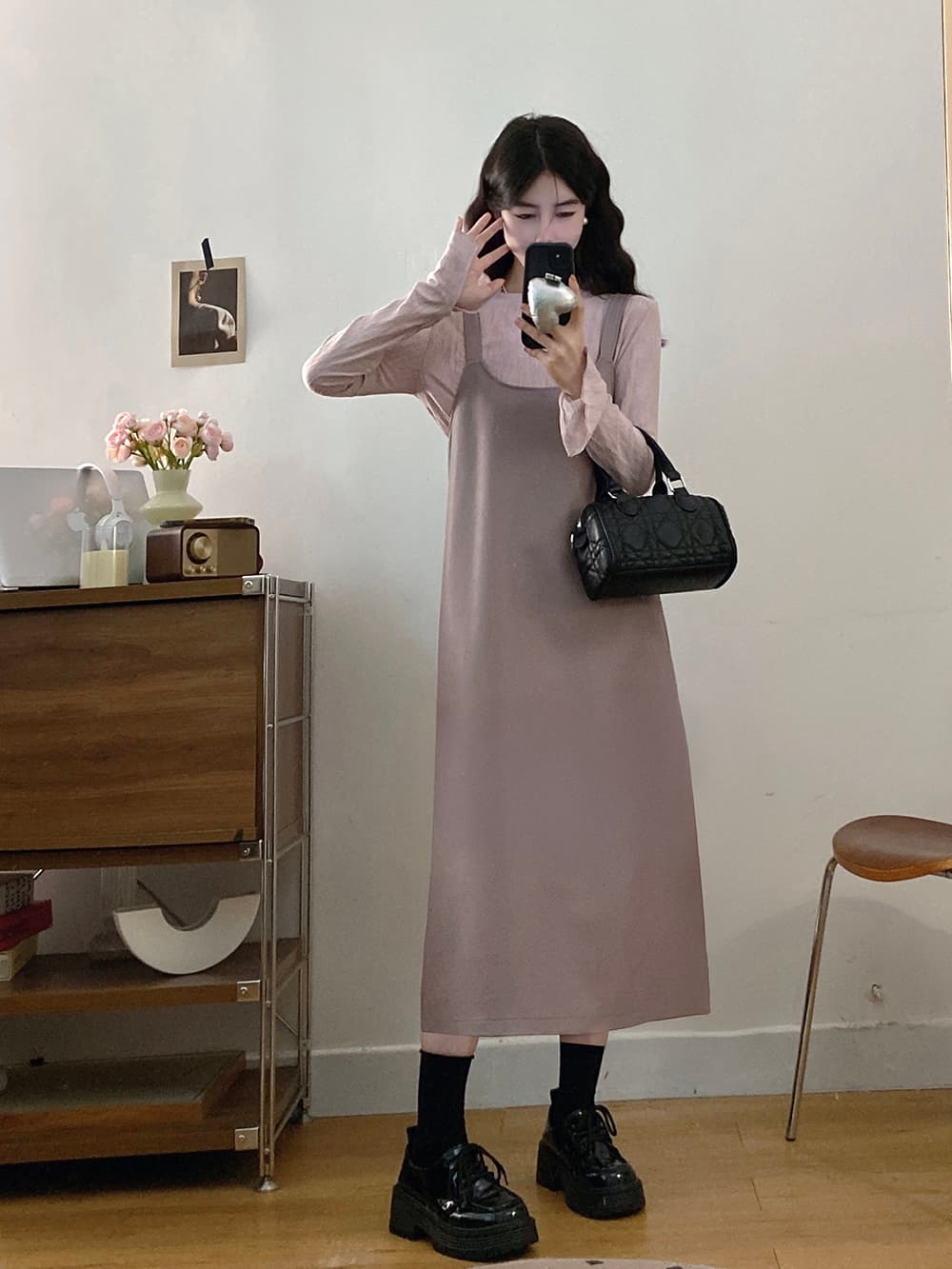 실사 빅 사이즈 이른 가을 새로운 품격 긴팔 기본 셔츠 보라색 가죽 슬립 드레스 지방 mm 슬림해 보이는 투피스 세트 상세 이미지 9