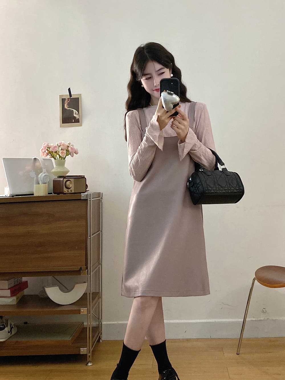 실사 빅 사이즈 이른 가을 새로운 품격 긴팔 기본 셔츠 보라색 가죽 슬립 드레스 지방 mm 슬림해 보이는 투피스 세트 상세 이미지 12