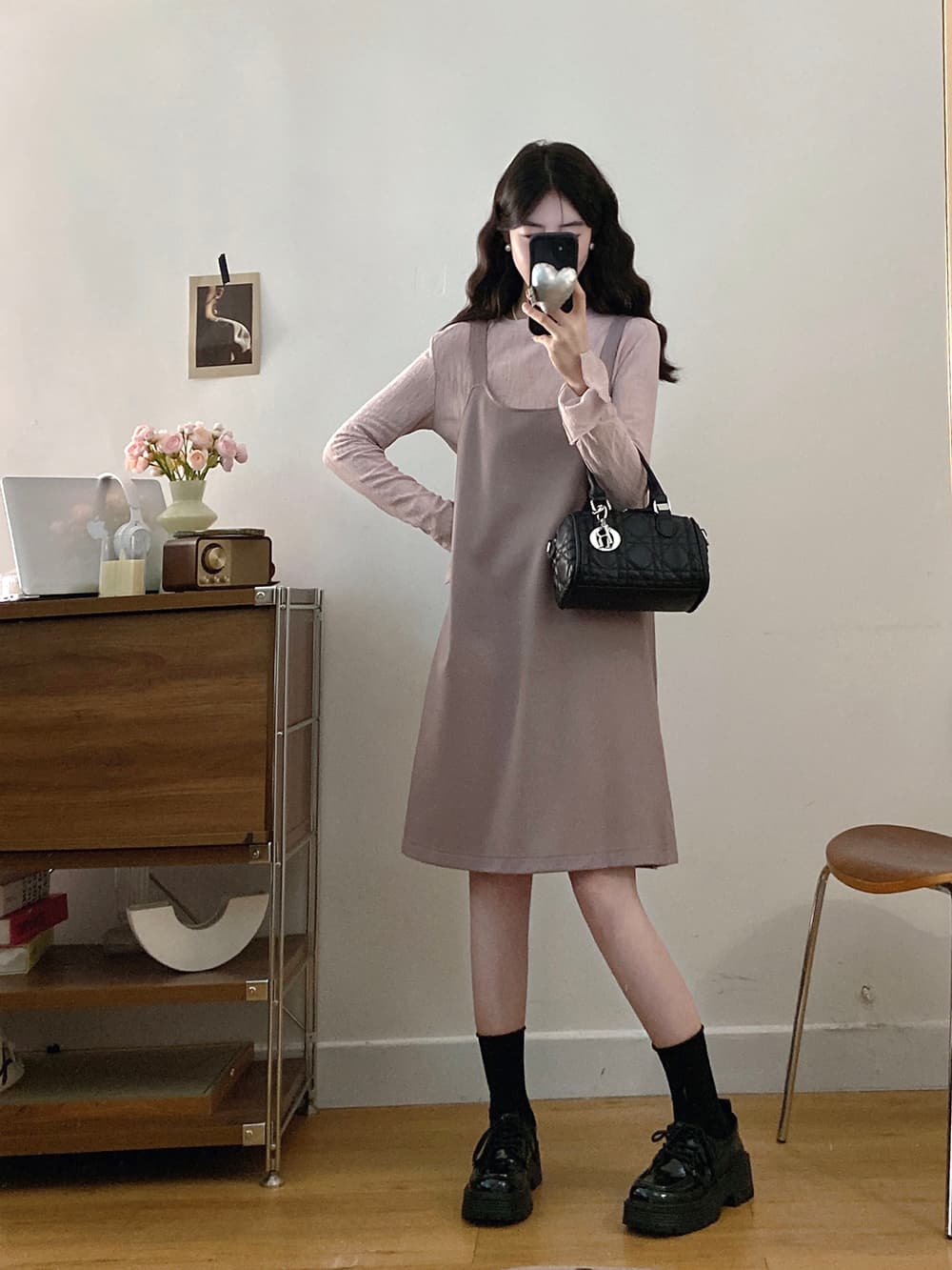 실사 빅 사이즈 이른 가을 새로운 품격 긴팔 기본 셔츠 보라색 가죽 슬립 드레스 지방 mm 슬림해 보이는 투피스 세트 상세 이미지 17