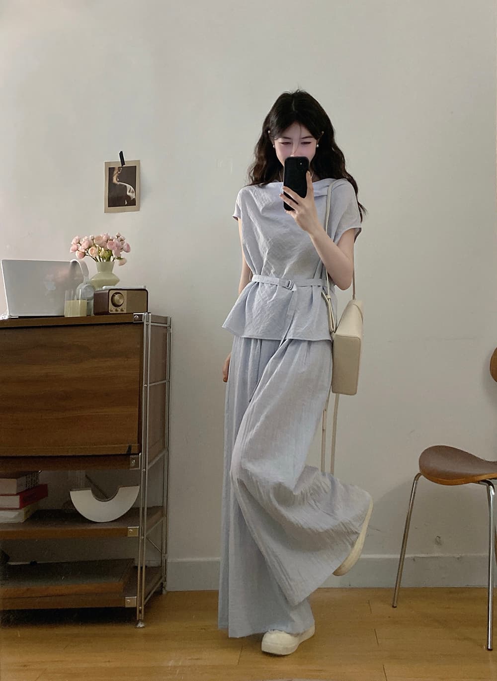 실사 빅 사이즈 세트 2026 여름 새로운 품격 허리 수축 레이스업 반팔 맨위 와이드 레그 팬츠 투피스 세트 상세 이미지 6
