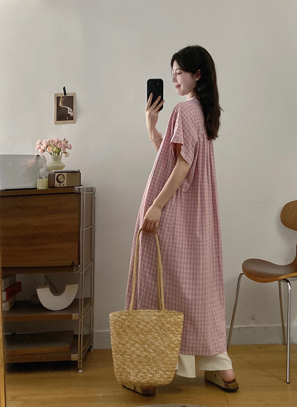 실사 2026 여름 새로운 빅 사이즈 스택 착용 레트로 체크무늬 반팔 셔츠 드레스 와이드 레그 팬츠 치마 투피스 세트 상세 이미지 15