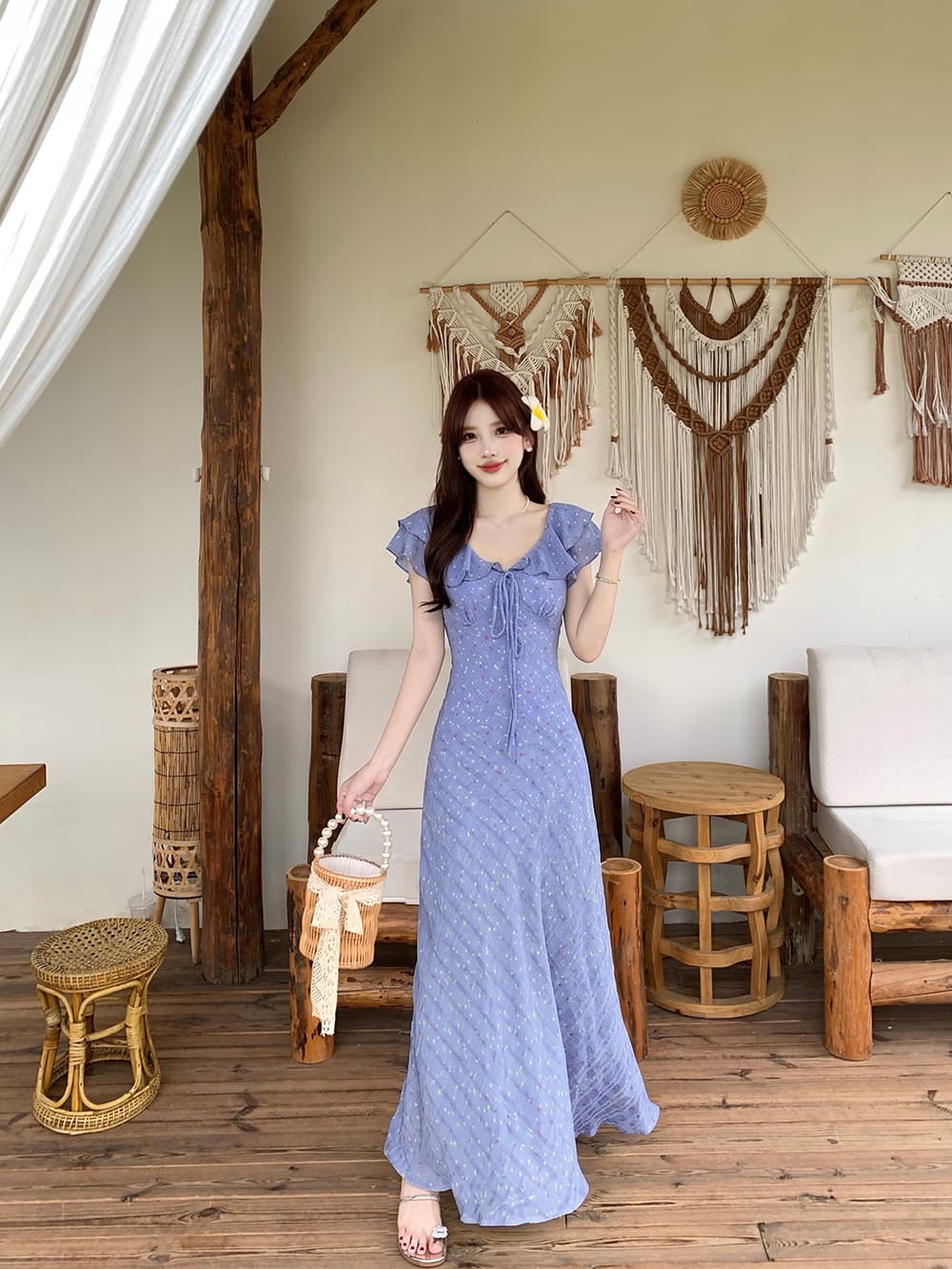 실사 2026 여름 새로운 빅 사이즈 부드러운 프랑스식 프릴 꽃무늬 드레스 V넥 허리 수축 슬림해 보이는 롱 스커트 상세 이미지 8