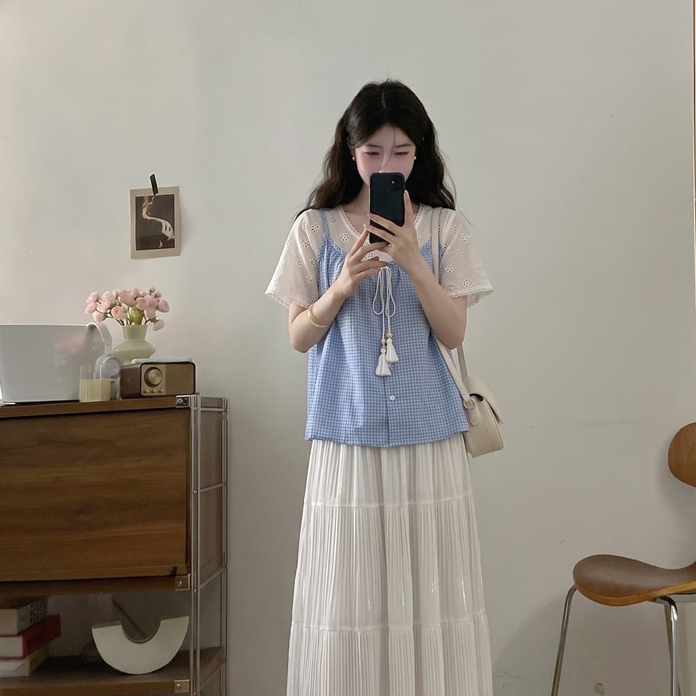 실사 빅 사이즈 여름 새로운 홀로우 아웃 자수 페이크 레이어드 셔츠 맨위 체크무늬 반팔 반신 스커트 투피스 세트 이미지 6