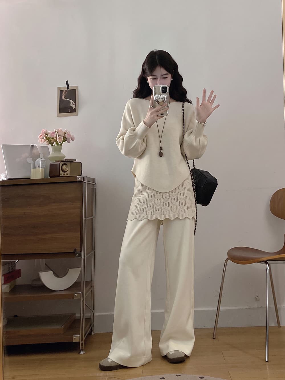 실사 빅 사이즈 니트 세트 가을 새로운 부드러운 품격 긴팔 스웨터 레이스 조각 와이드 레그 팬츠 투피스 세트 상세 이미지 7