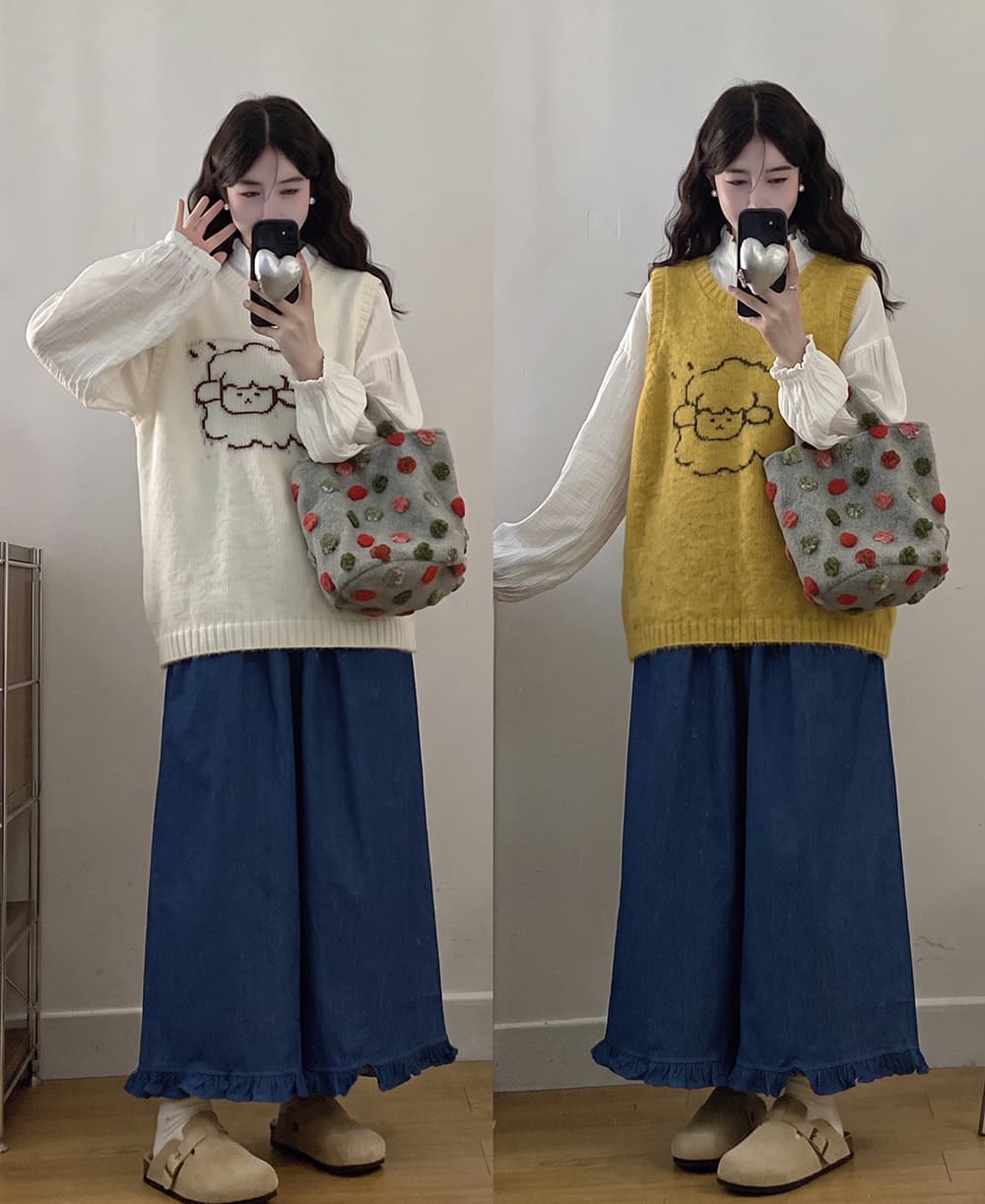 실사 빅 사이즈 세트 가을 새로운 귀여운 양 울음 니트 베스트 긴팔 셔츠 와이드 레그 팬츠 3종 세트
