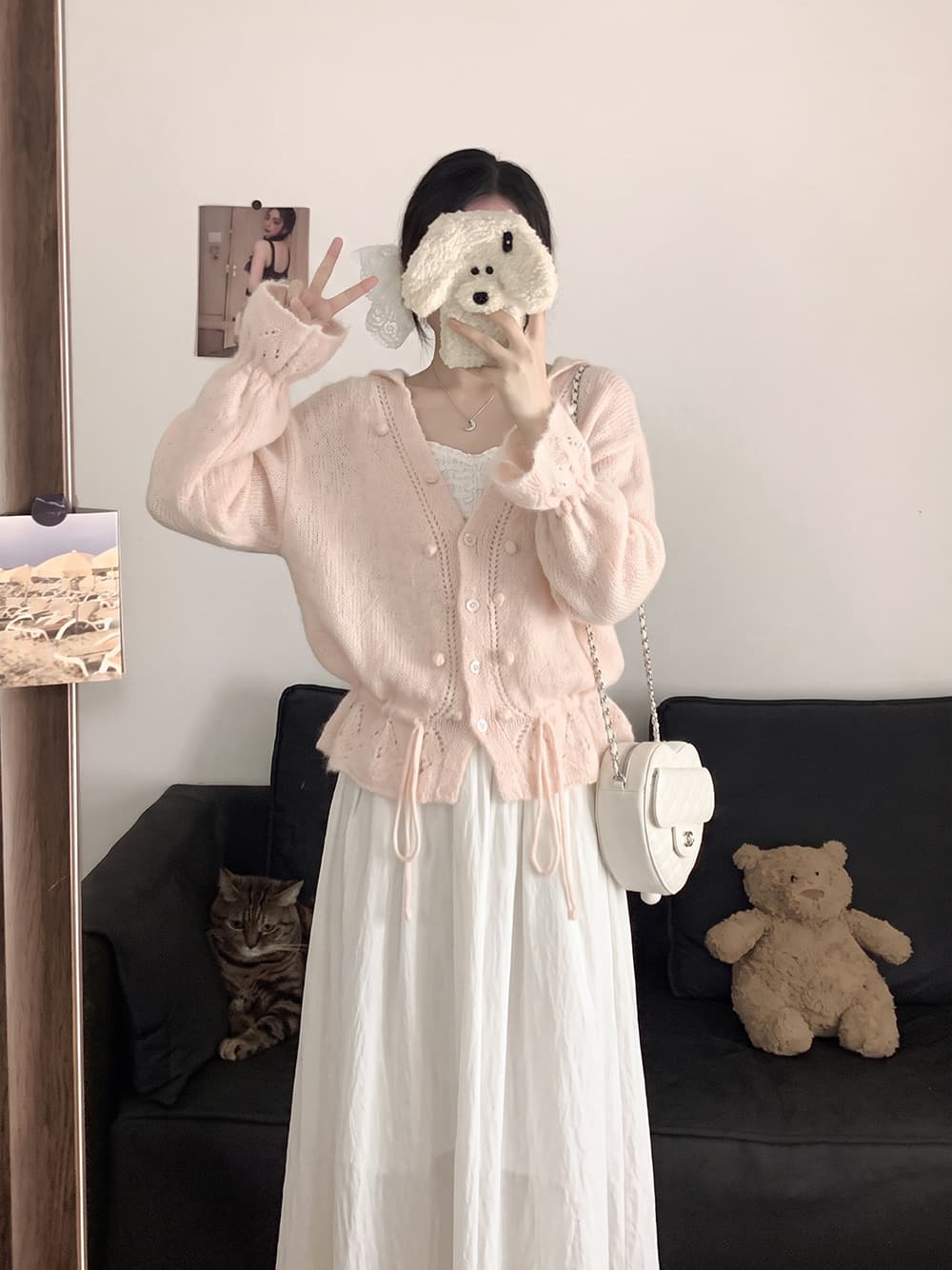 실사 빅 사이즈 스웨터 세트 가을 새로운 느긋한 바람 후드 니트 오픈 가디건 만나는 슬립 드레스 투피스 세트 상세 이미지 6