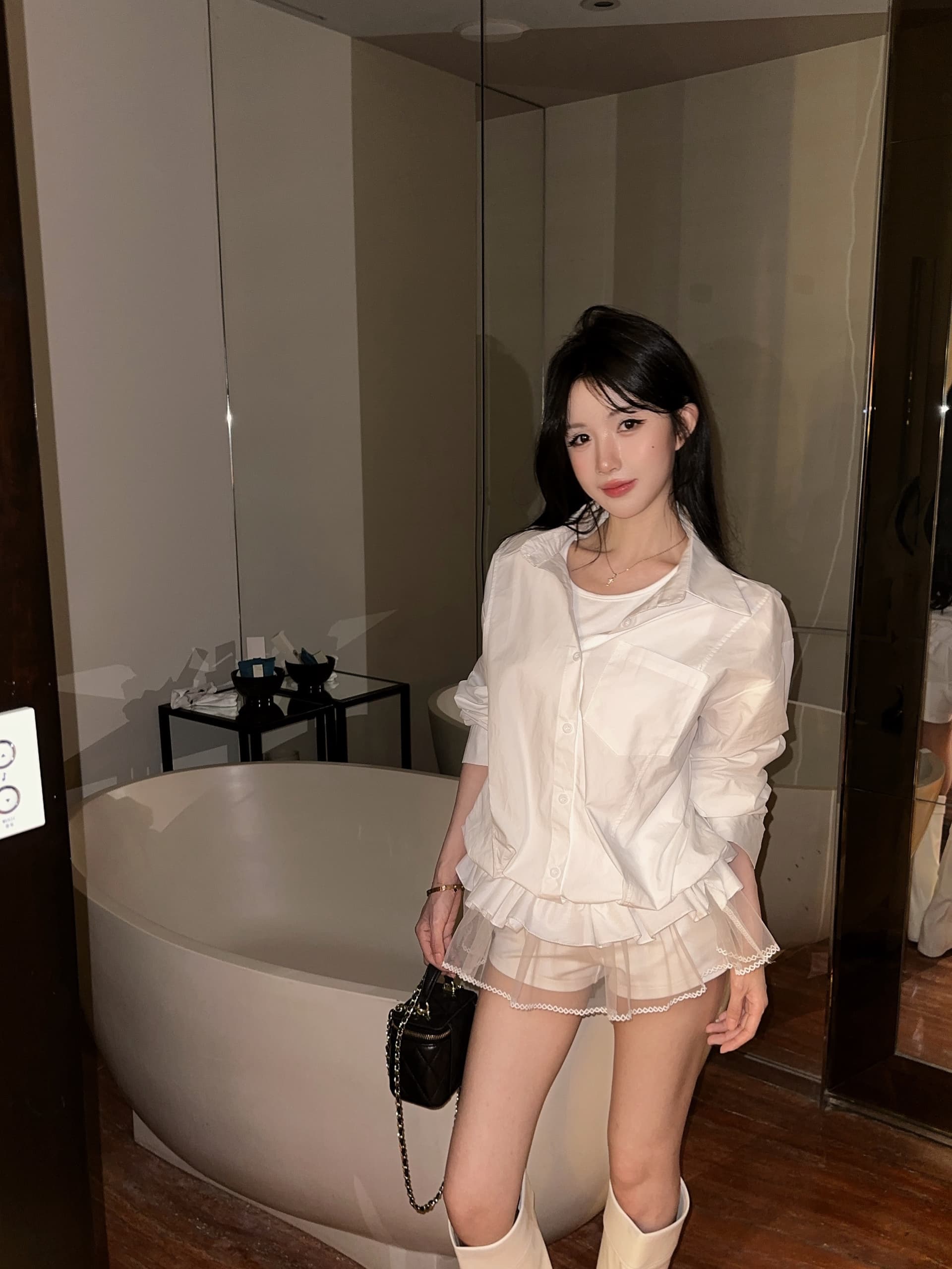 실사 순수한 욕망 바람 망사 레이스 조끼 페이크 레이어드 셔츠 고급 허리 수축 루즈핏 맨위 이미지 4