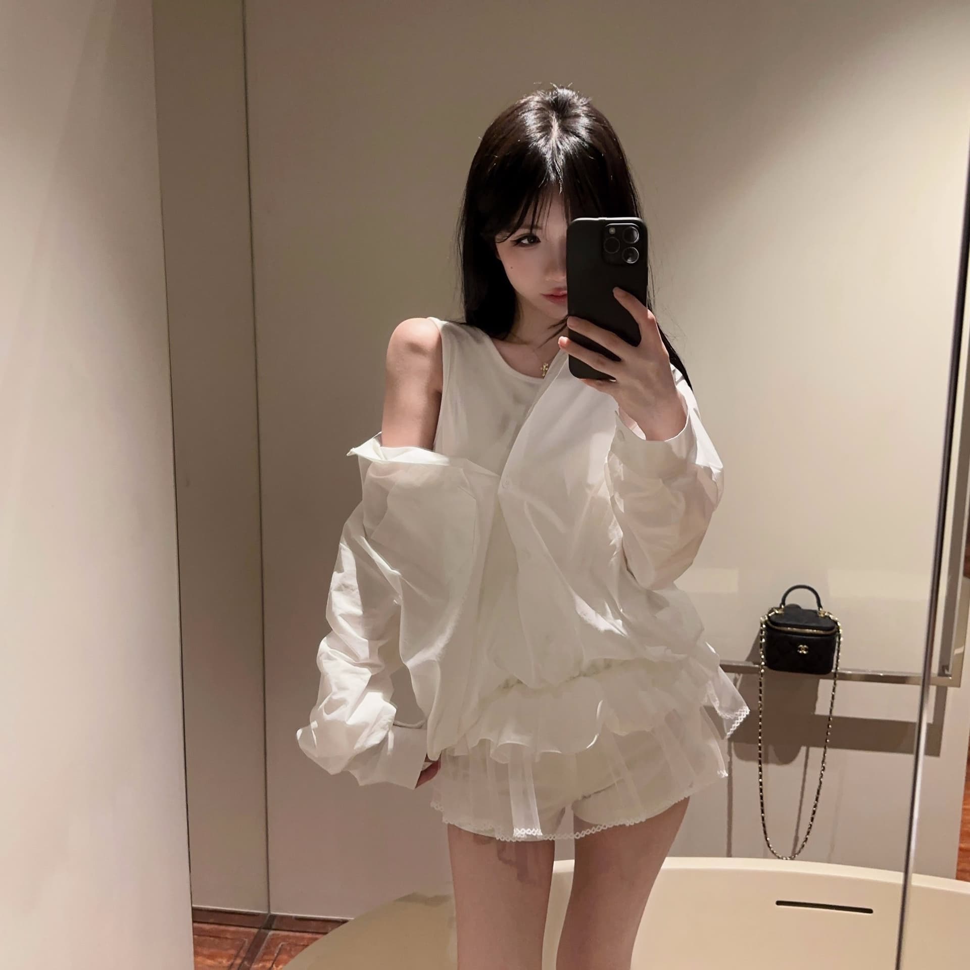 실사 순수한 욕망 바람 망사 레이스 조끼 페이크 레이어드 셔츠 고급 허리 수축 루즈핏 맨위 이미지 5