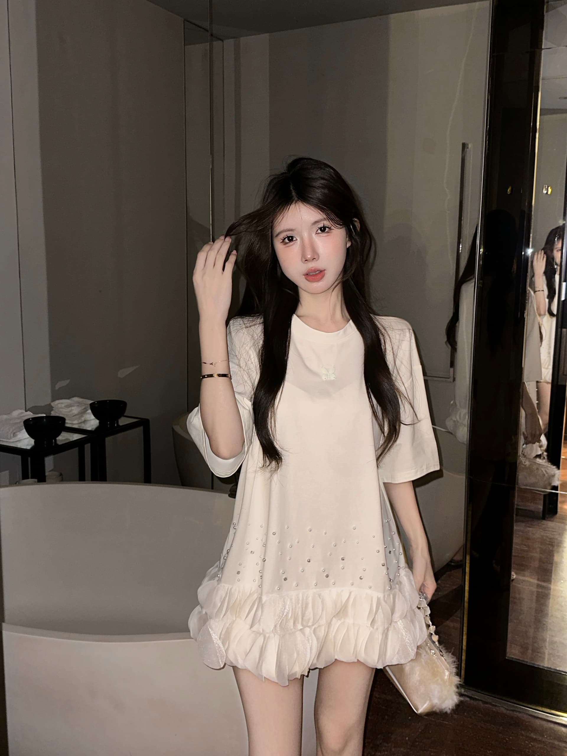 실사 무거운 작업 스와로브스키 망사 패치워크 여성 드레스 여름 슬림해 보이는 품격 티셔츠 상세 이미지 1
