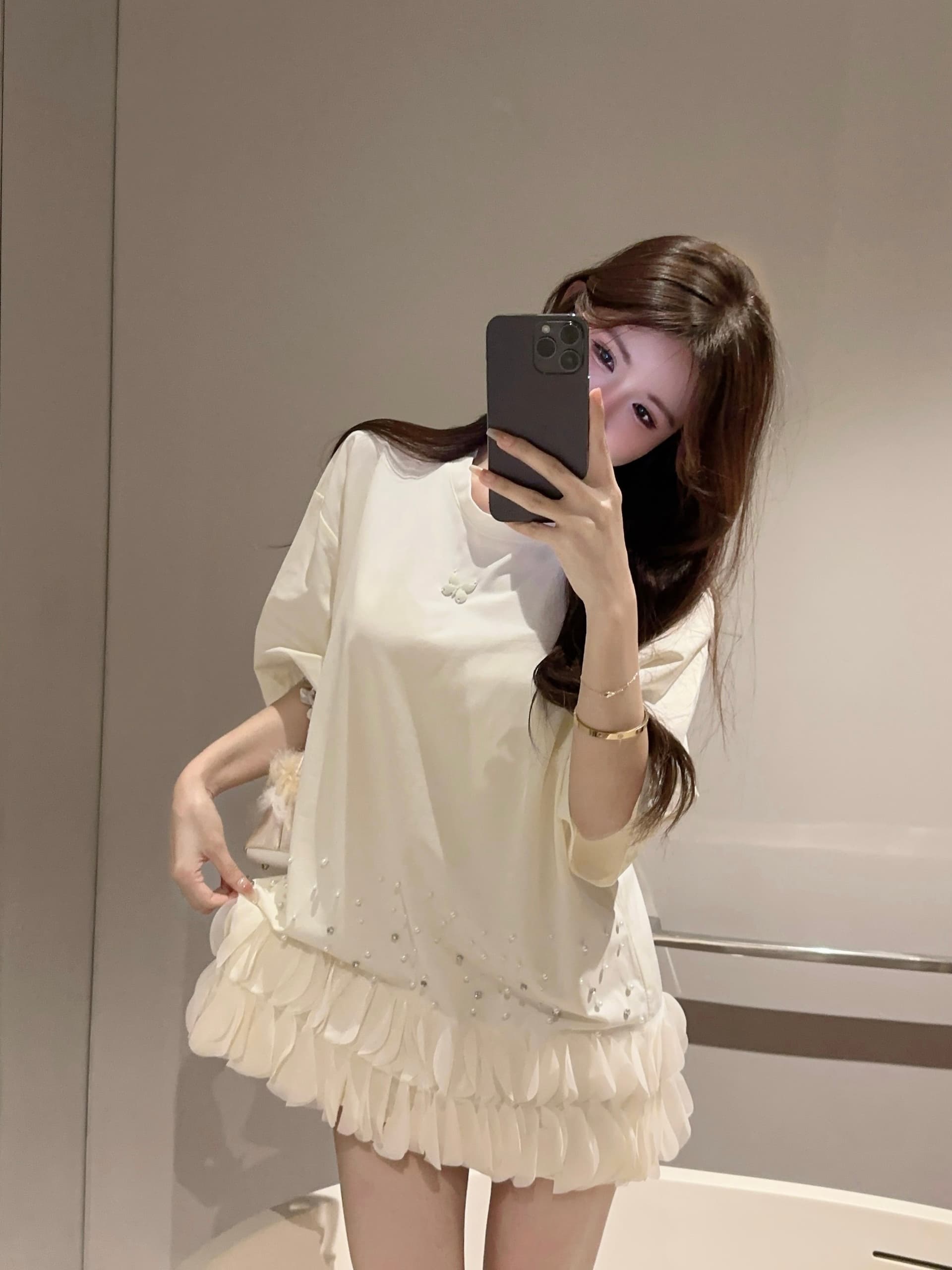 실사 무거운 작업 스와로브스키 망사 패치워크 여성 드레스 여름 슬림해 보이는 품격 티셔츠 상세 이미지 3