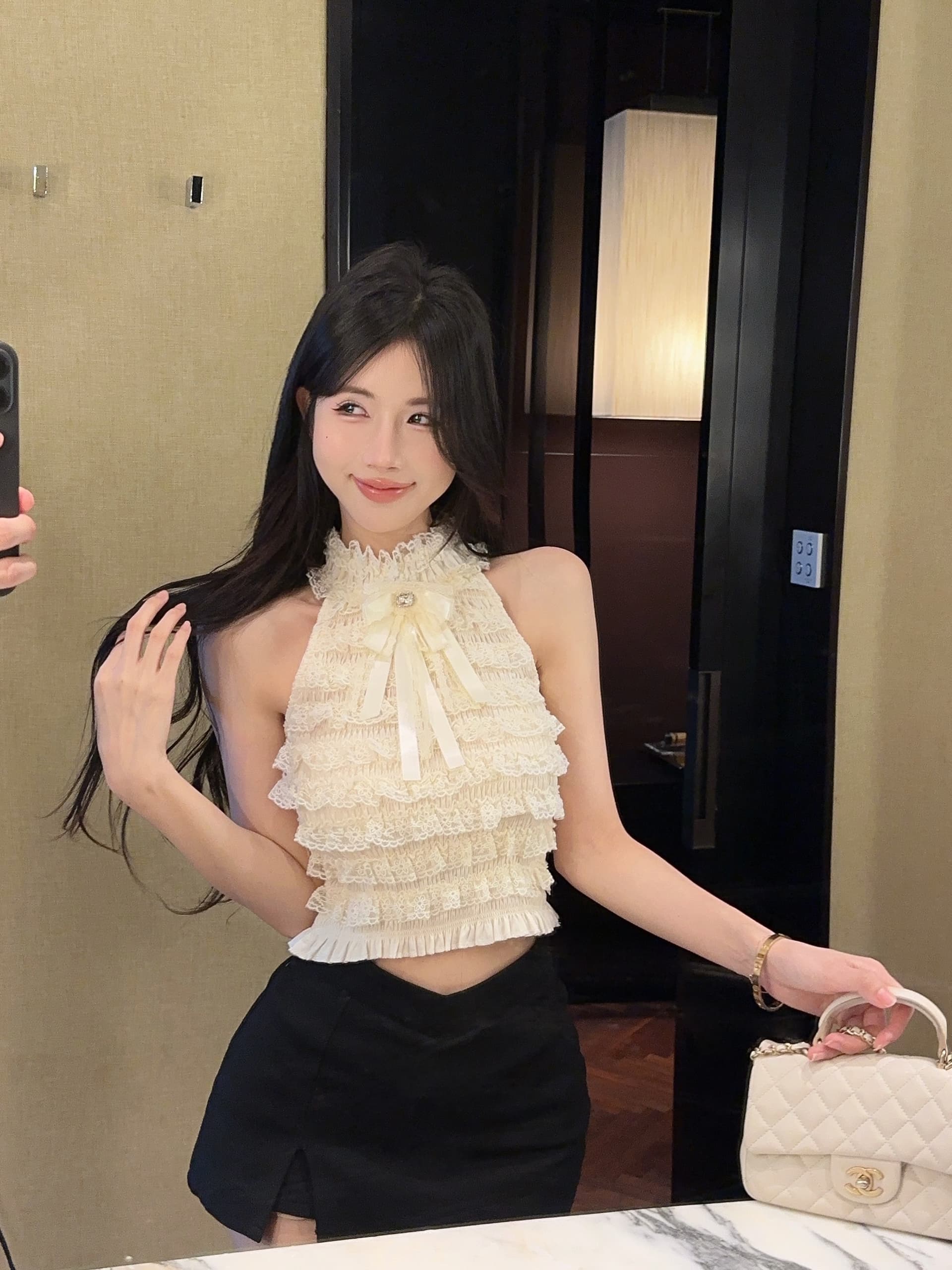 실사 프랑스식 작은 샤넬 스타일 레이스 명문 여성 다이아몬드 세팅 나비 매듭 행침 목 민소매 맨위 상세 이미지 1