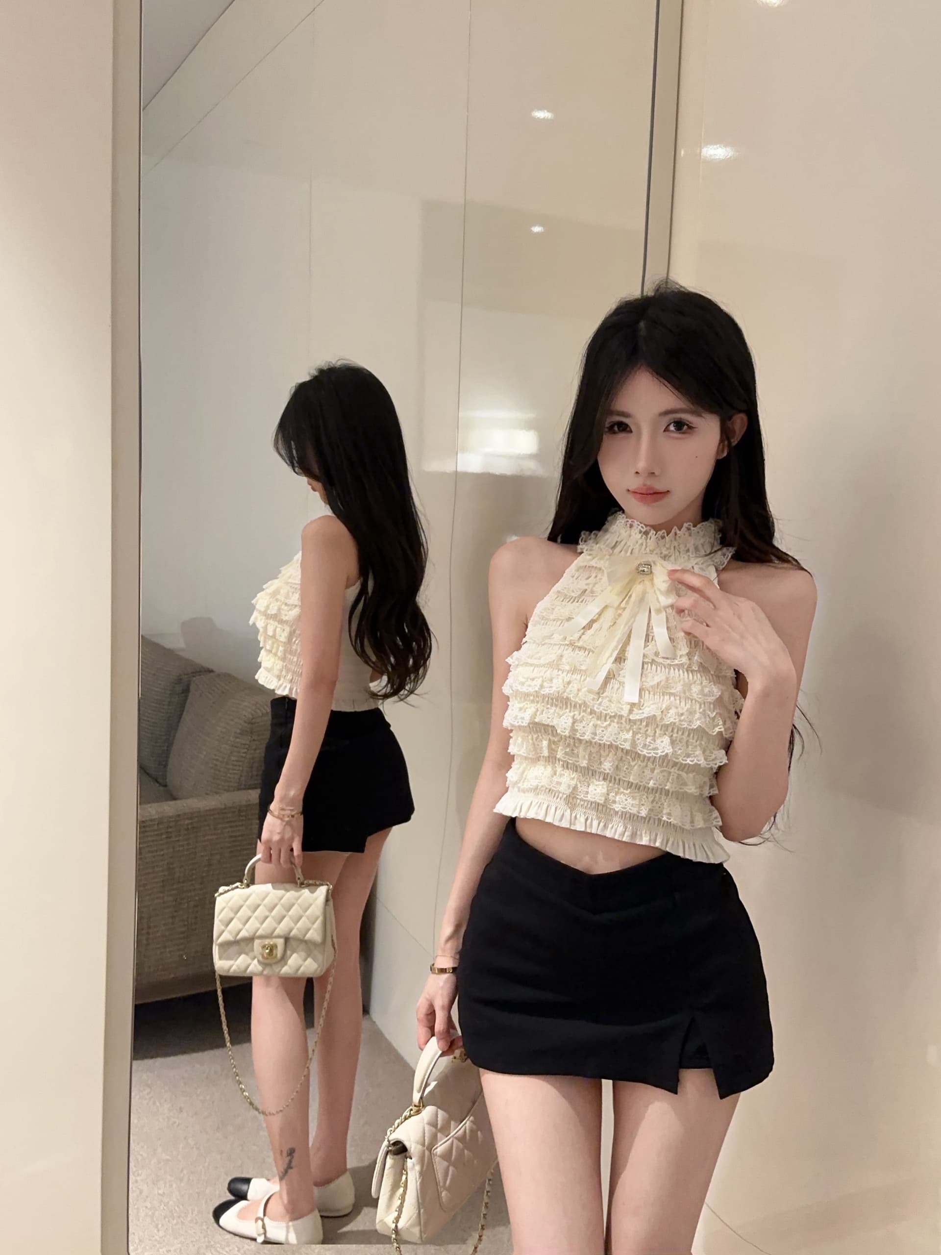 실사 프랑스식 작은 샤넬 스타일 레이스 명문 여성 다이아몬드 세팅 나비 매듭 행침 목 민소매 맨위 상세 이미지 10