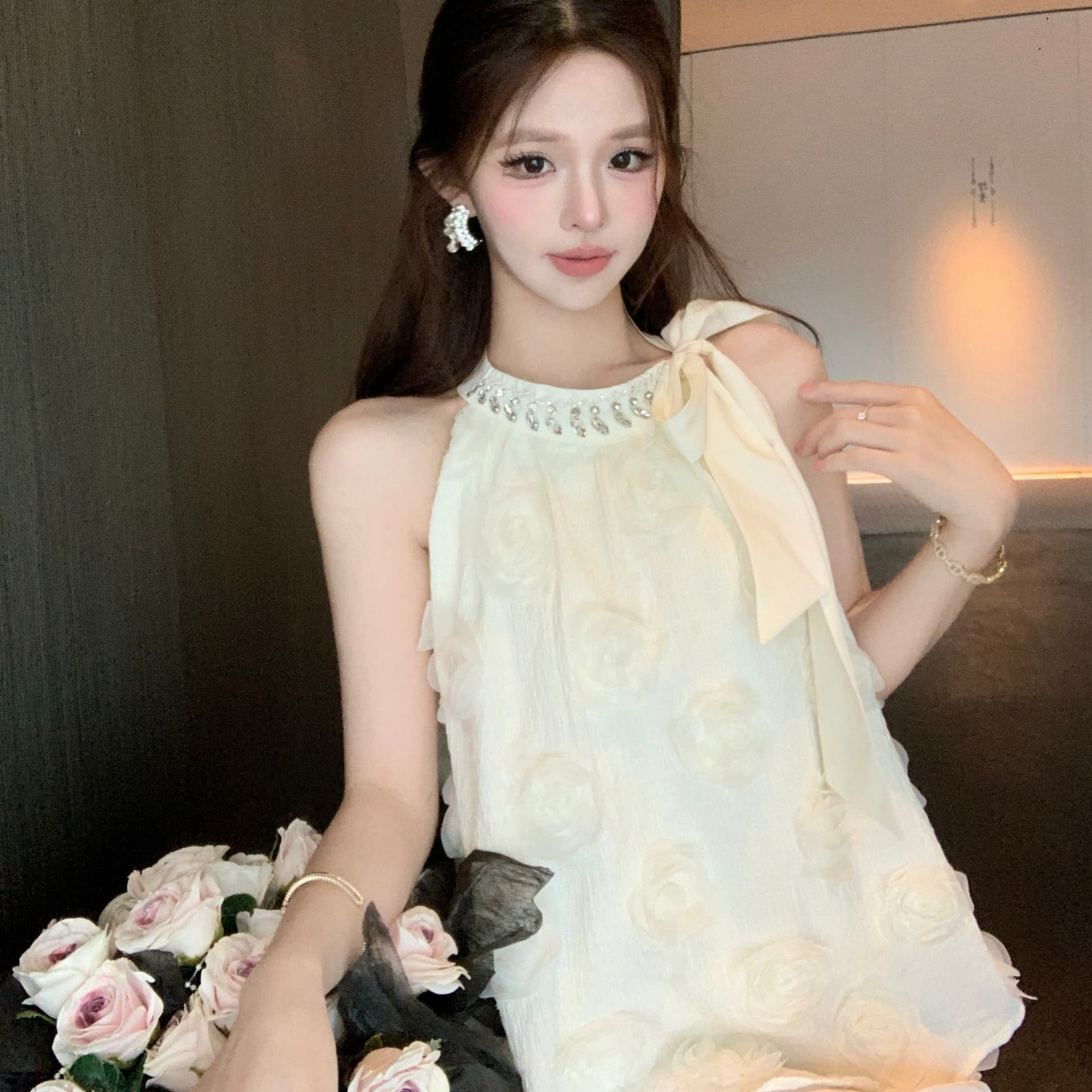 실사 프랑스식 3 차원 꽃 무거운 작업 벨트 훈련 행침 목 조끼 여성 레이스업 나비 매듭 인형 셔츠 민소매 맨위 이미지 5