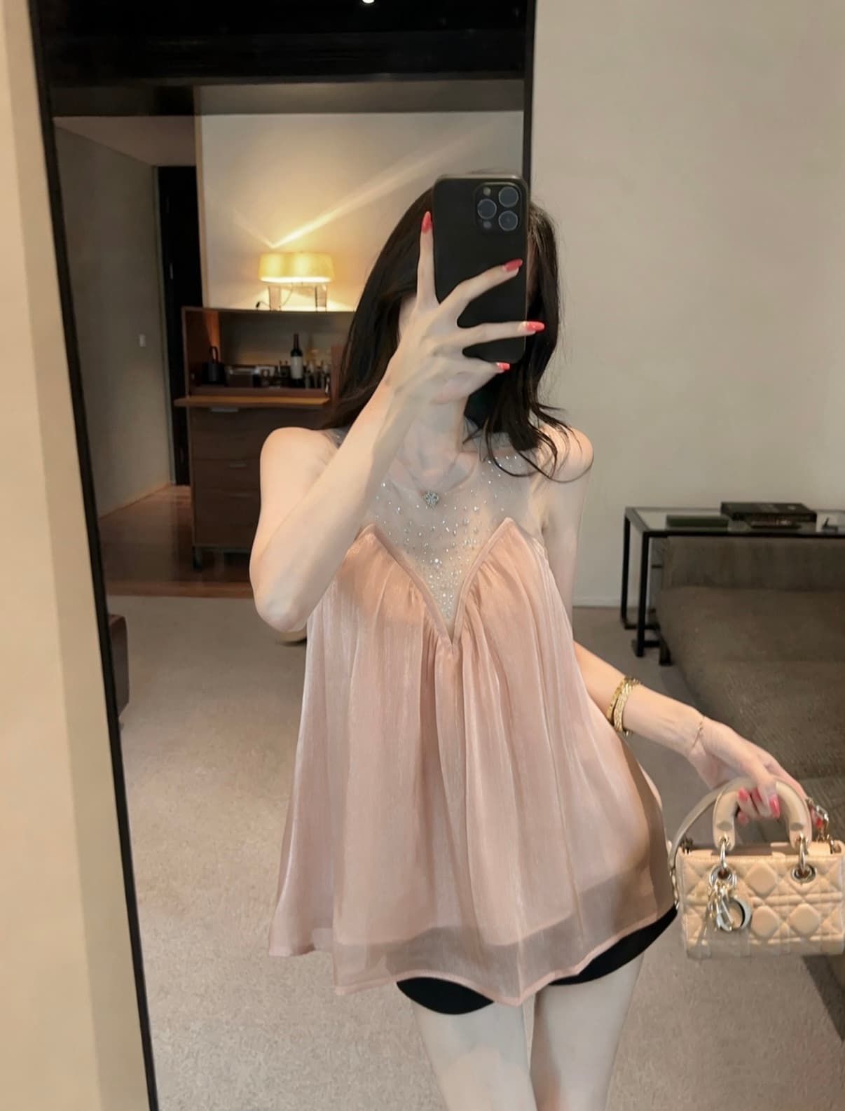 실사 스타일 핫픽스 망사 패치워크 민소매 쉬폰 여성 셔츠 이미지 4