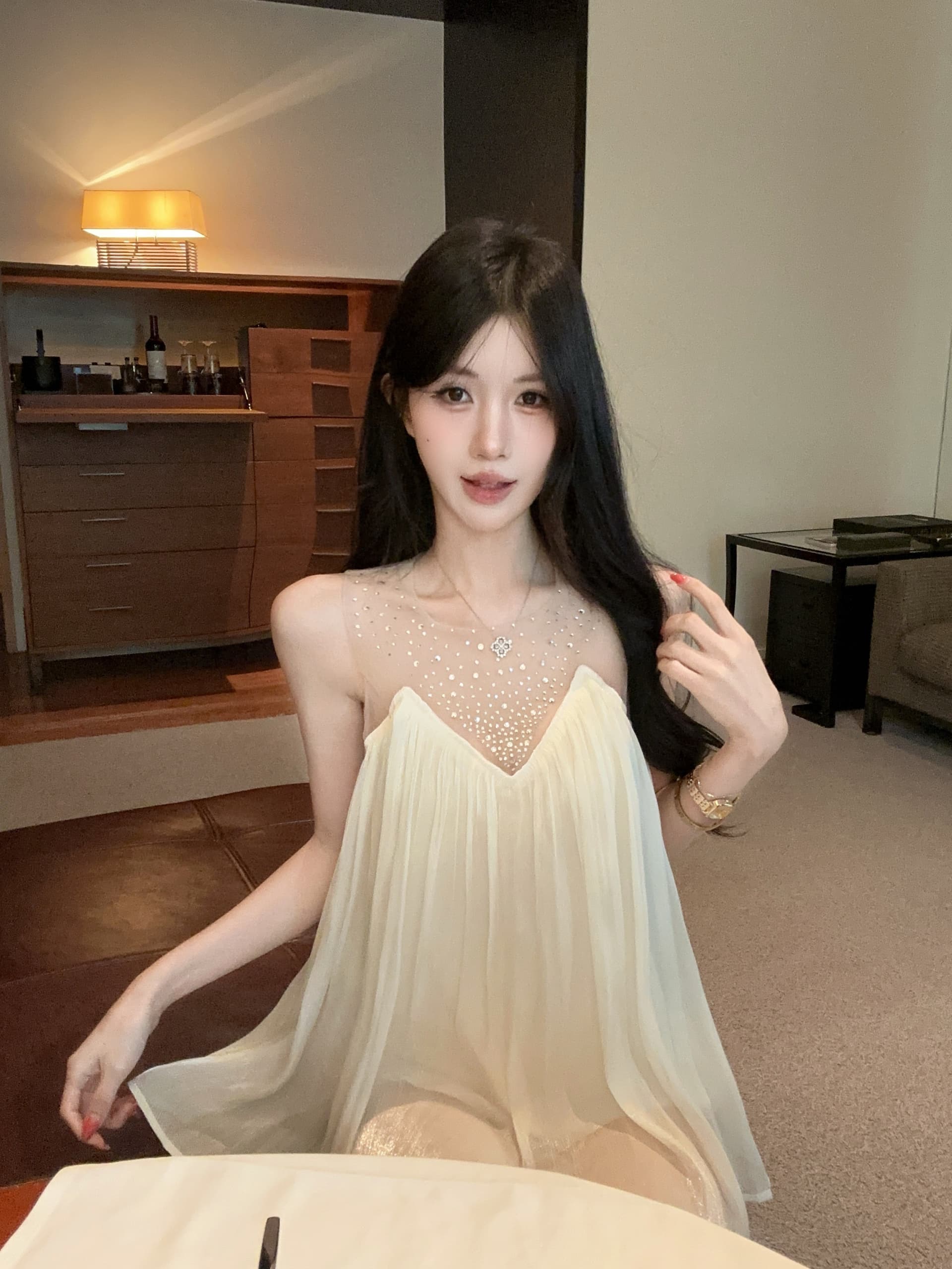 실사 스타일 핫픽스 망사 패치워크 민소매 쉬폰 여성 셔츠 상세 이미지 3